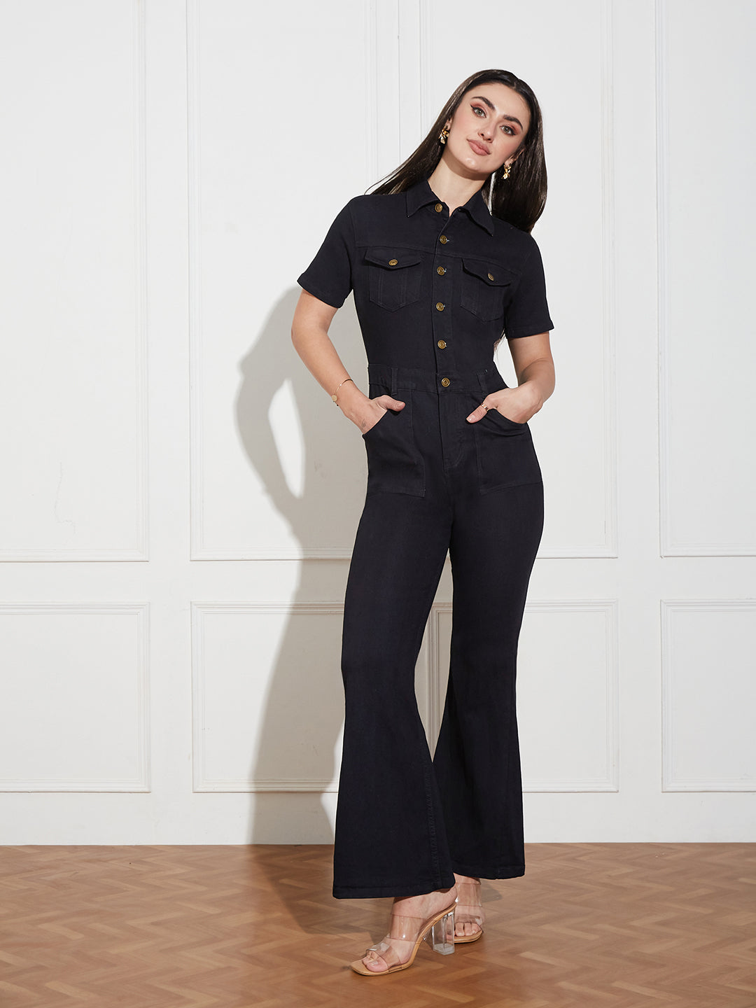 Women's Black Flared High Rise Regular Stretchable Denim Jumpsuit