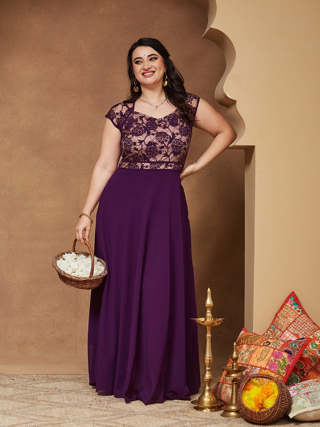 Dark Purple Sweet-Heart Neck Cap-Sleeve Floral Fit & Flare Georgette Maxi Dress for Women
