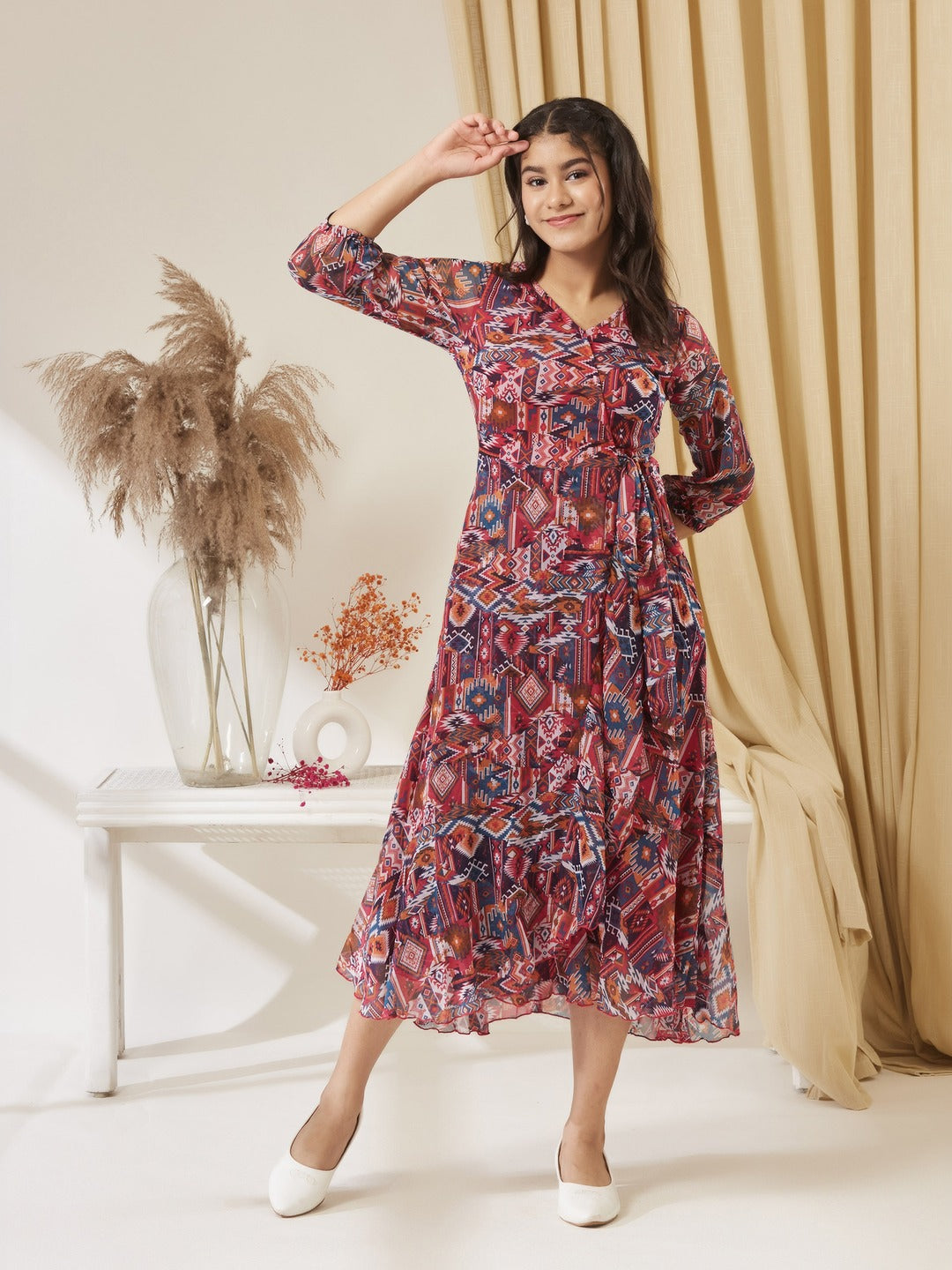 V-Neck Three-Quarter Sleeve Geometric Patterned Wrap Midi Chiffon Dress for Girls/Teenagers