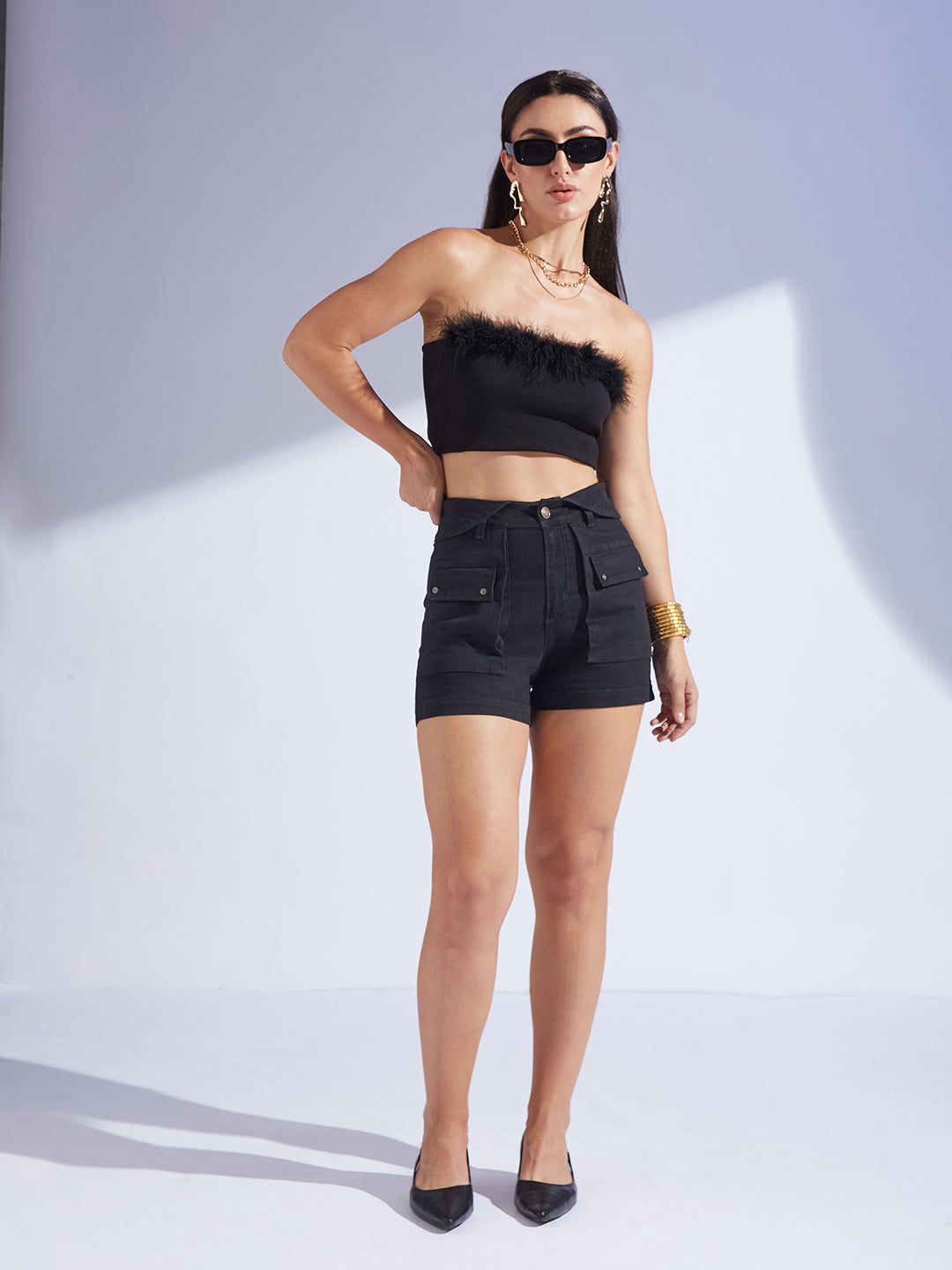 Women's Black High-Rise Flared Stretch Denim Shorts with Quilted Waist & Statement Pockets