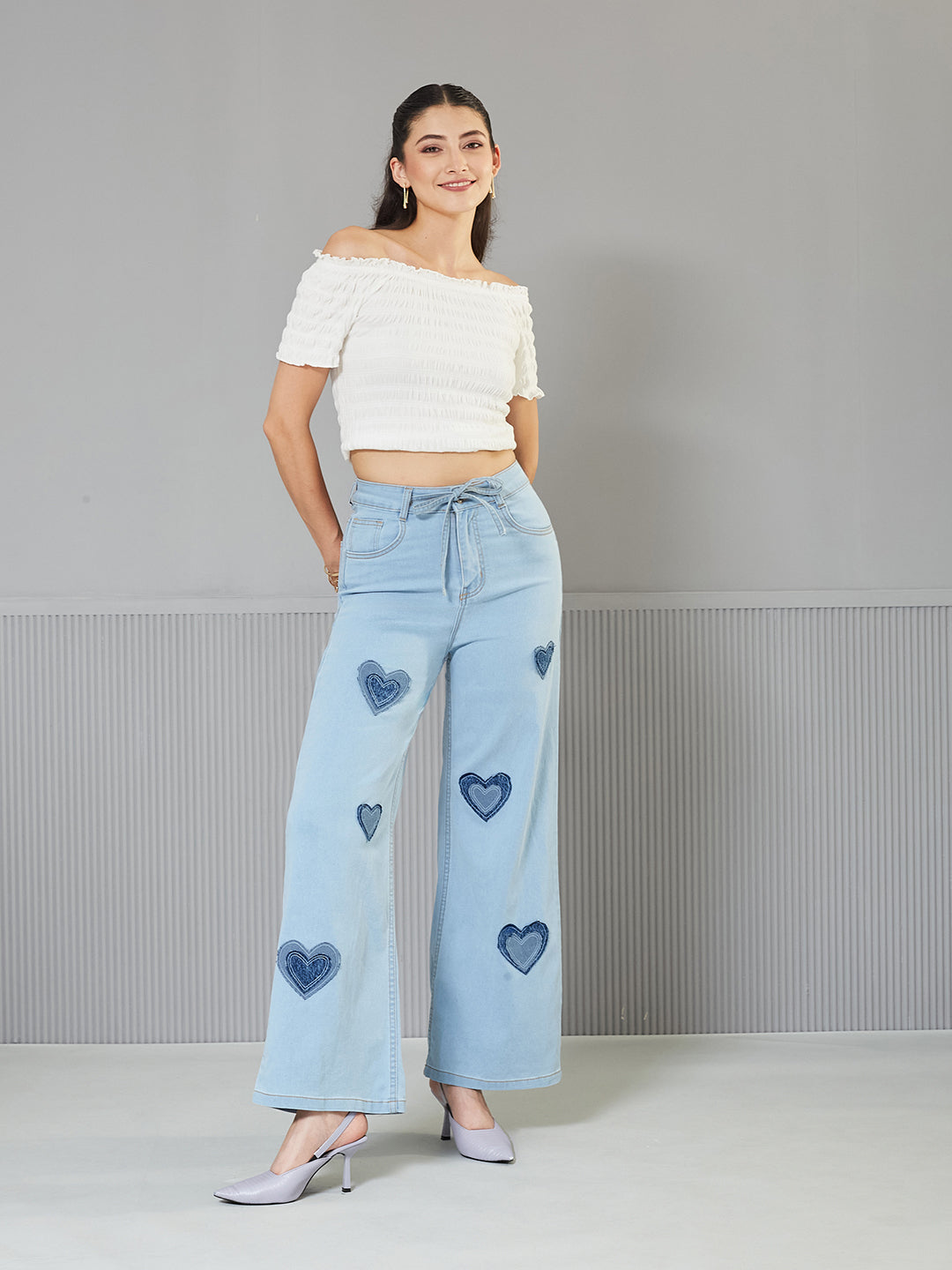 Light-Blue Heart Applique Wide-Leg High-Rise Regular Stretchable Denim Jeans for Women