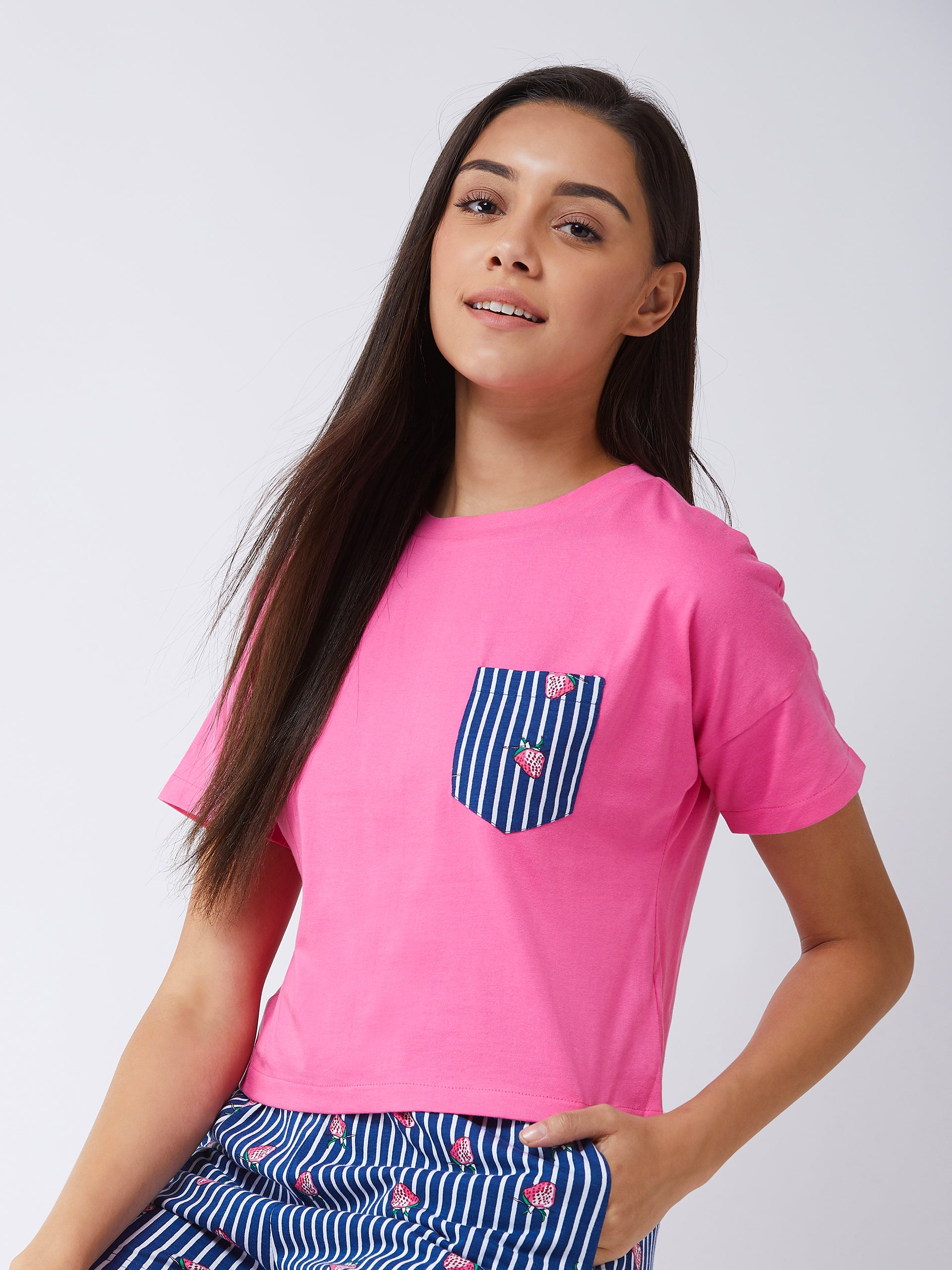 Women's Pink Cropped Solid T-shirt