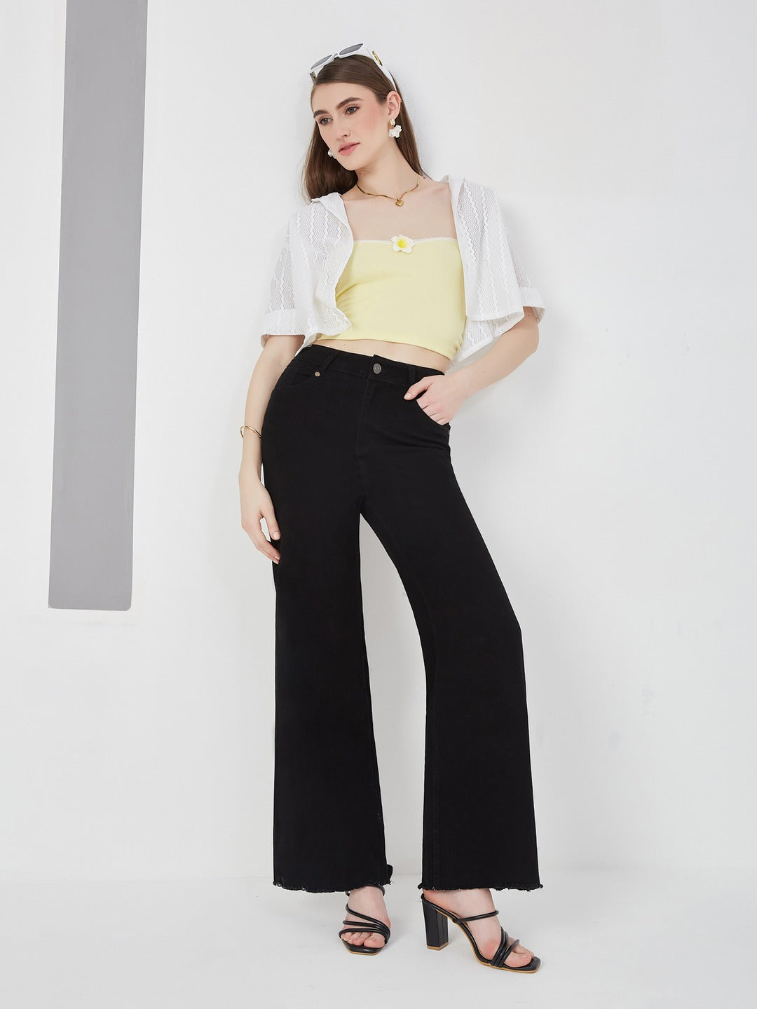 Black high-rise Stretchable Wide Leg Denim Jeans for Women