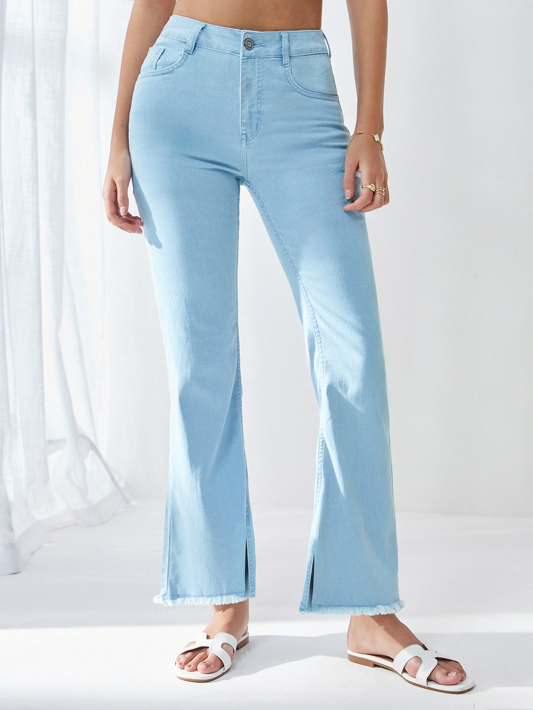 Light Blue Bootcut High Rise Cropped Denim Stretchable Jeans for Women