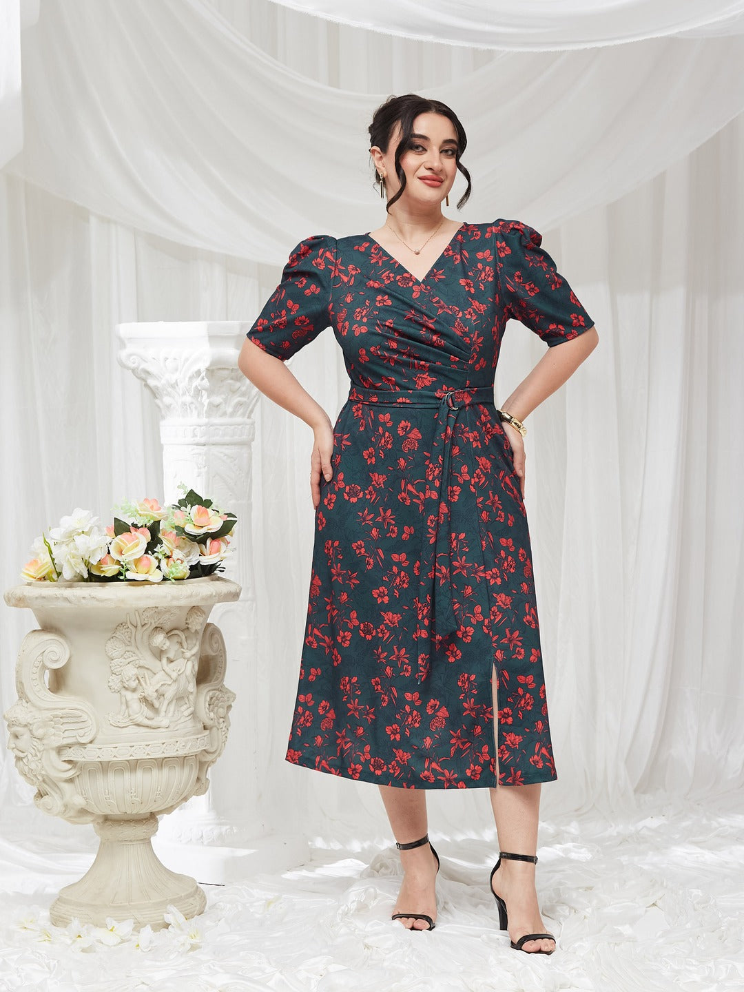 Teal V-neck Puff Sleeve Floral Wrap Midi Dress for Women