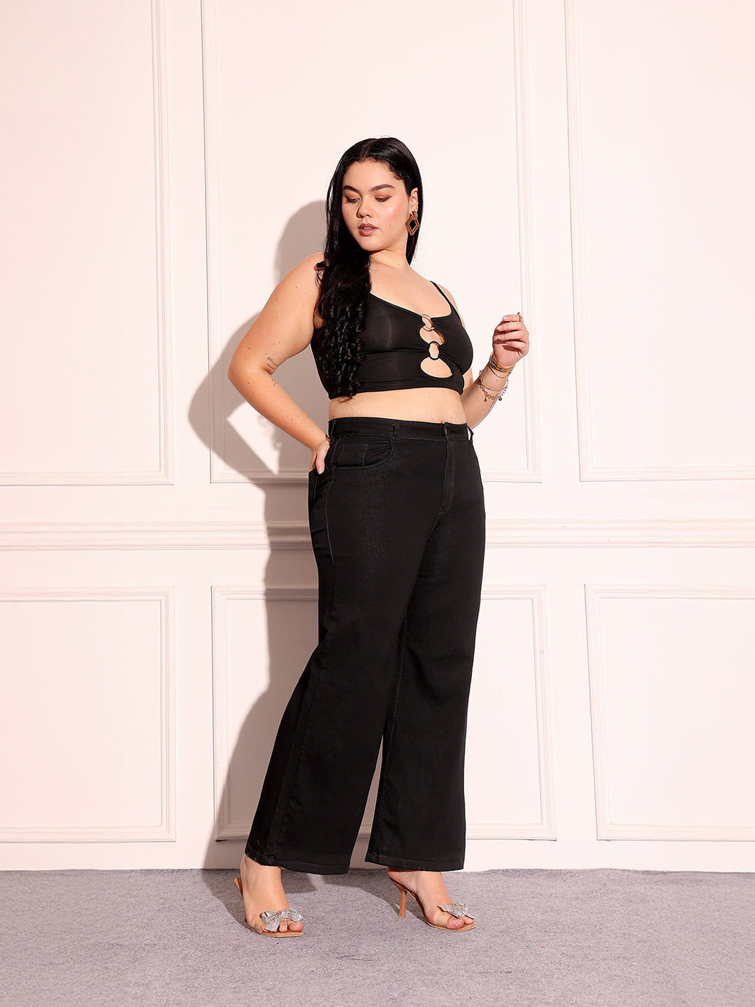 Women's Black Wide-Leg High-Rise Stretchable Denim Jeans