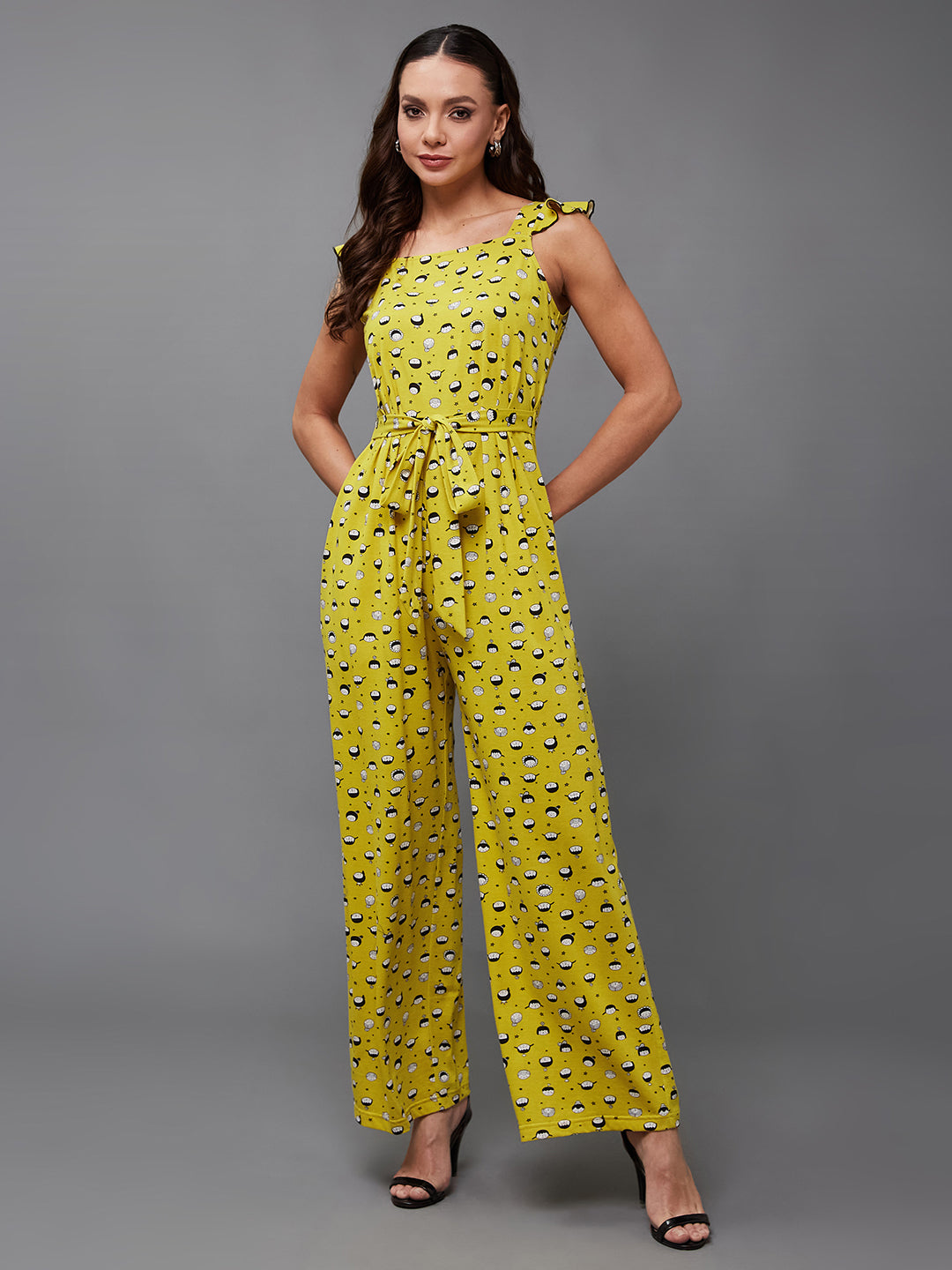 Women's Multicolored-Base-Mustard Square Neck Sleeveless Conversational Waist Tie-Up Regular-Length Cotton Jumpsuit