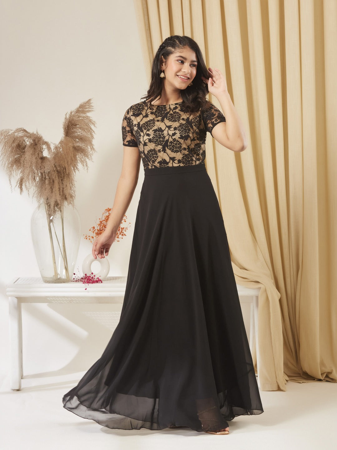 Black Round Neck Half Sleeve Self Design Fit & Flare Georgette Maxi Dress for Girls/Teenagers