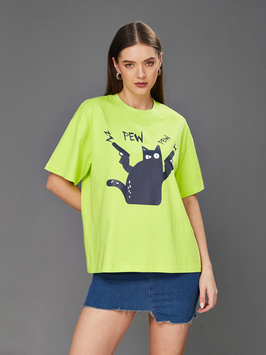 Women's Lime Green Round Neck Half-Sleeve Cartoon-Printed Oversized Cotton T-Shirt