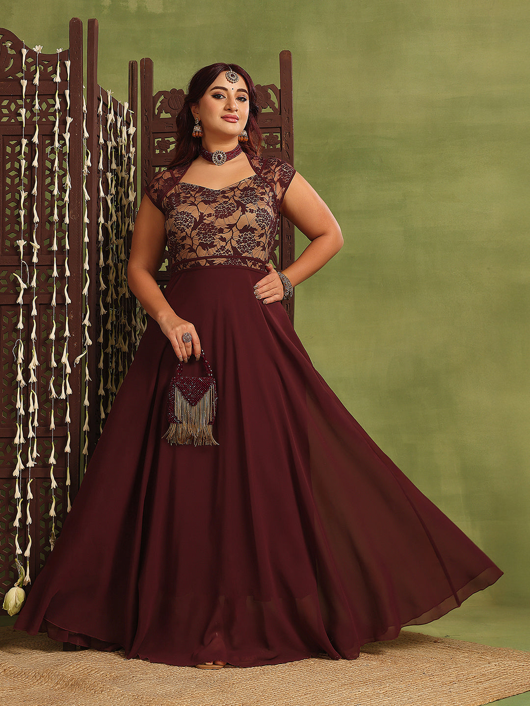 Women's Wine & Beige Floral V-Neck Cap-Sleeves Lace-Overlaid Fit & Flare Paneled Maxi Dress