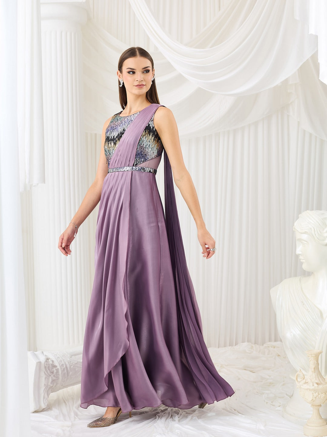 Embellished Dusty Purple Gown in Premium Layered Satin for Women