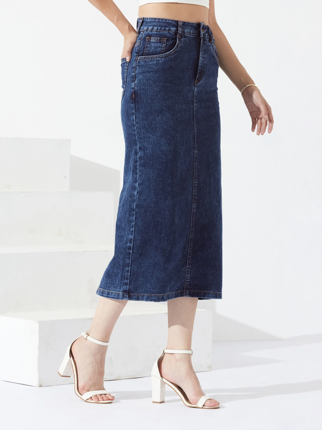 CHASEshape™ Light-Shaping Dark Blue High-Rise Stretchable Denim Midi Skirt with Back Slit for Women