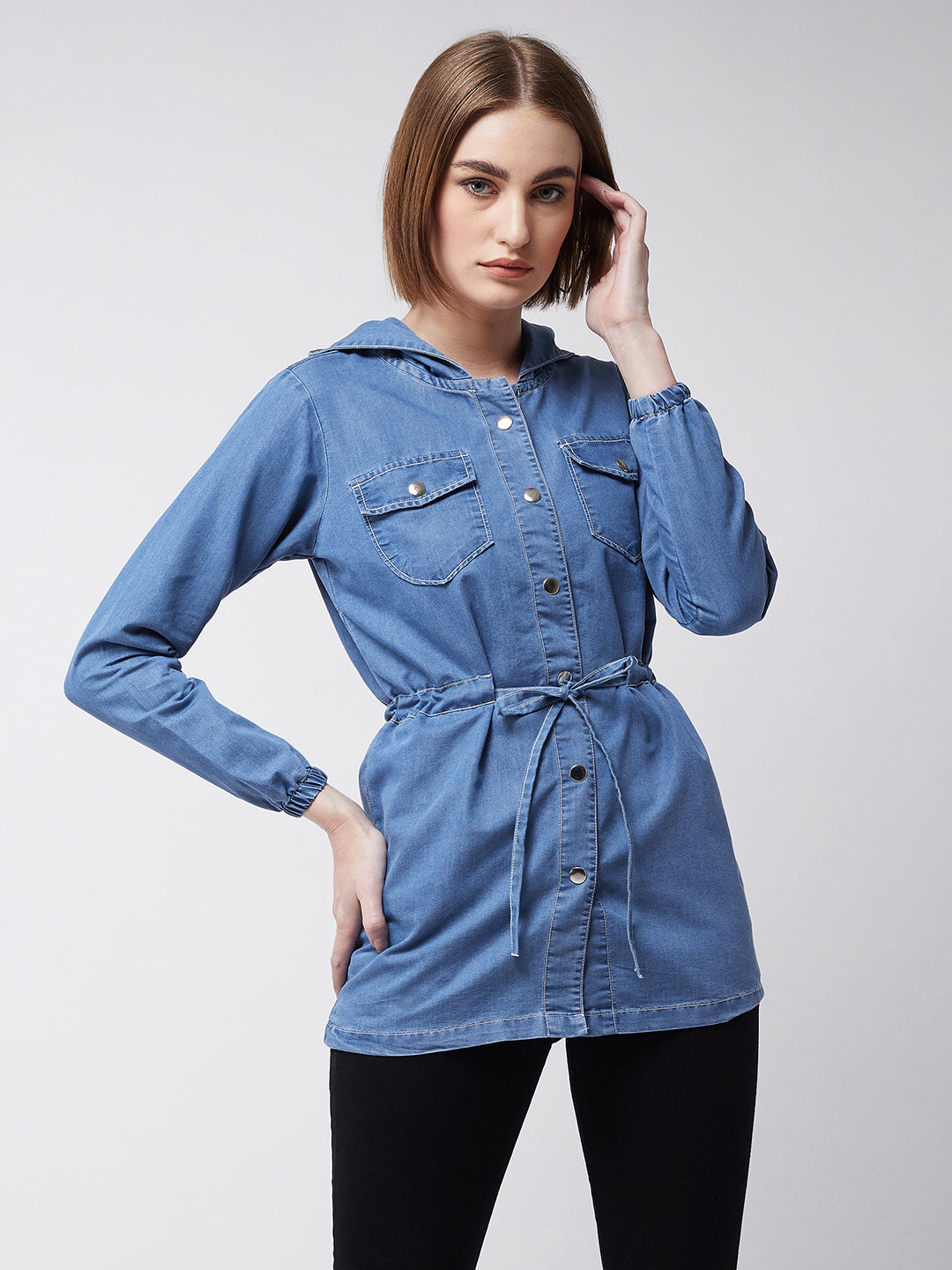 Women's Light Blue Round Neck Full Sleeve Solid hoody with tie-up Long Denim Jacket