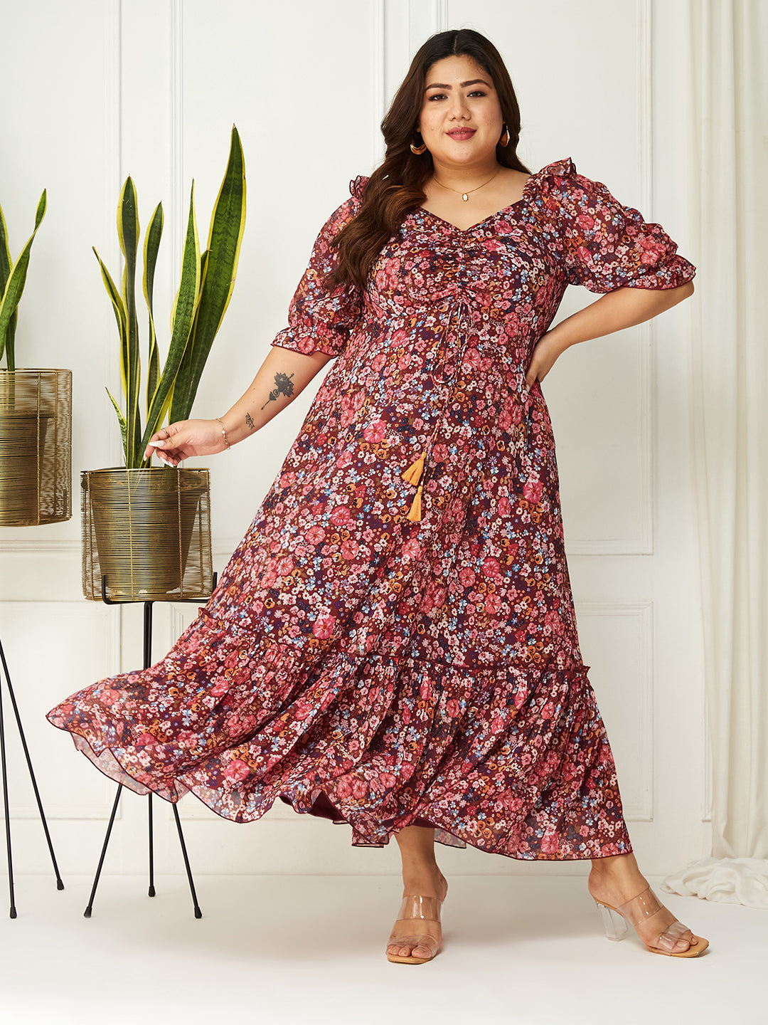 Women's Multicolored-Base-Wine V-Neck Puff Sleeve Floral Ruching Ankle-Length Dress