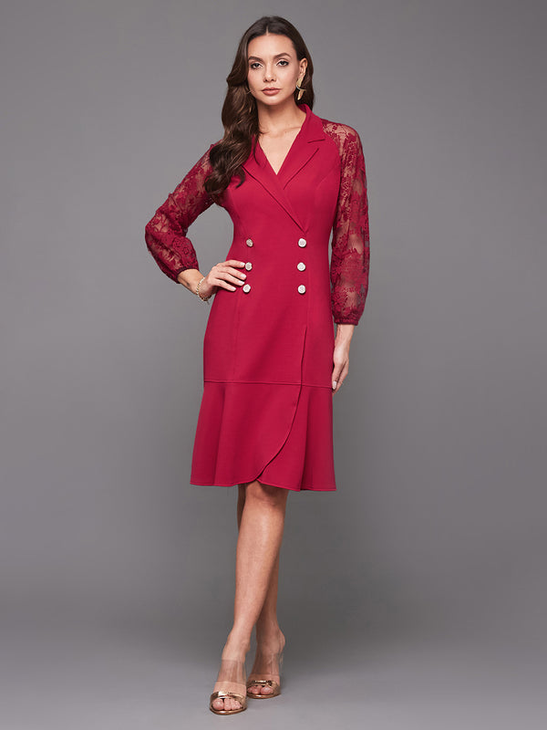 Women's Dark Pink V-neck Full Sleeves Solid Blazer Knee Length Dress