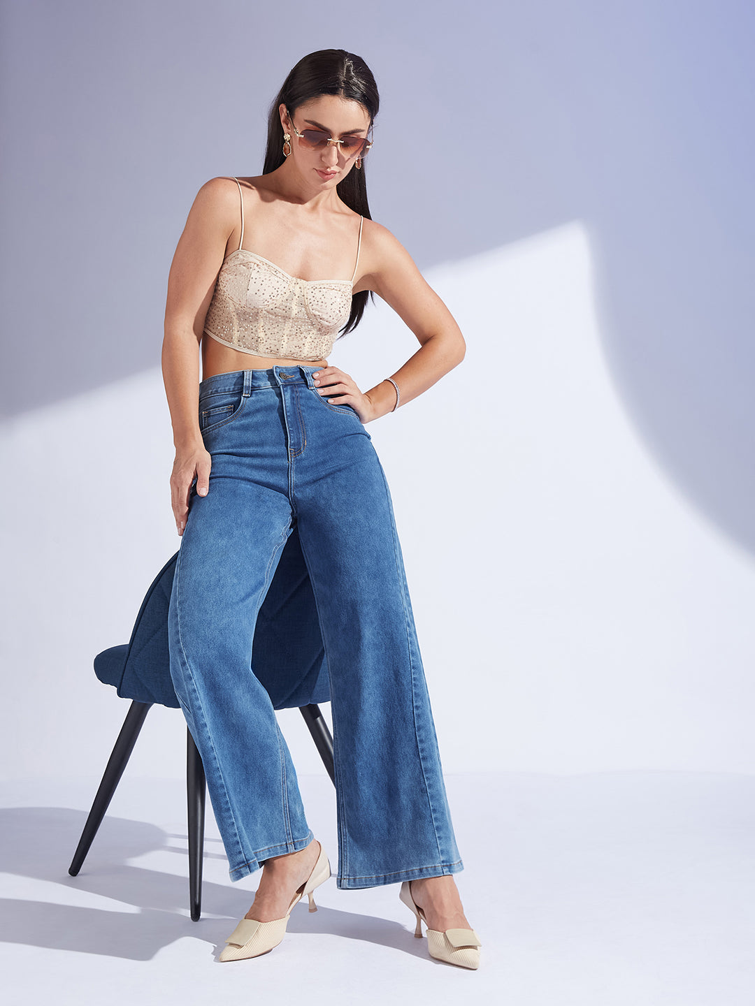 Women's Mid Blue Wide Leg High-Rise Curved Panel Stretchable Denim Jeans
