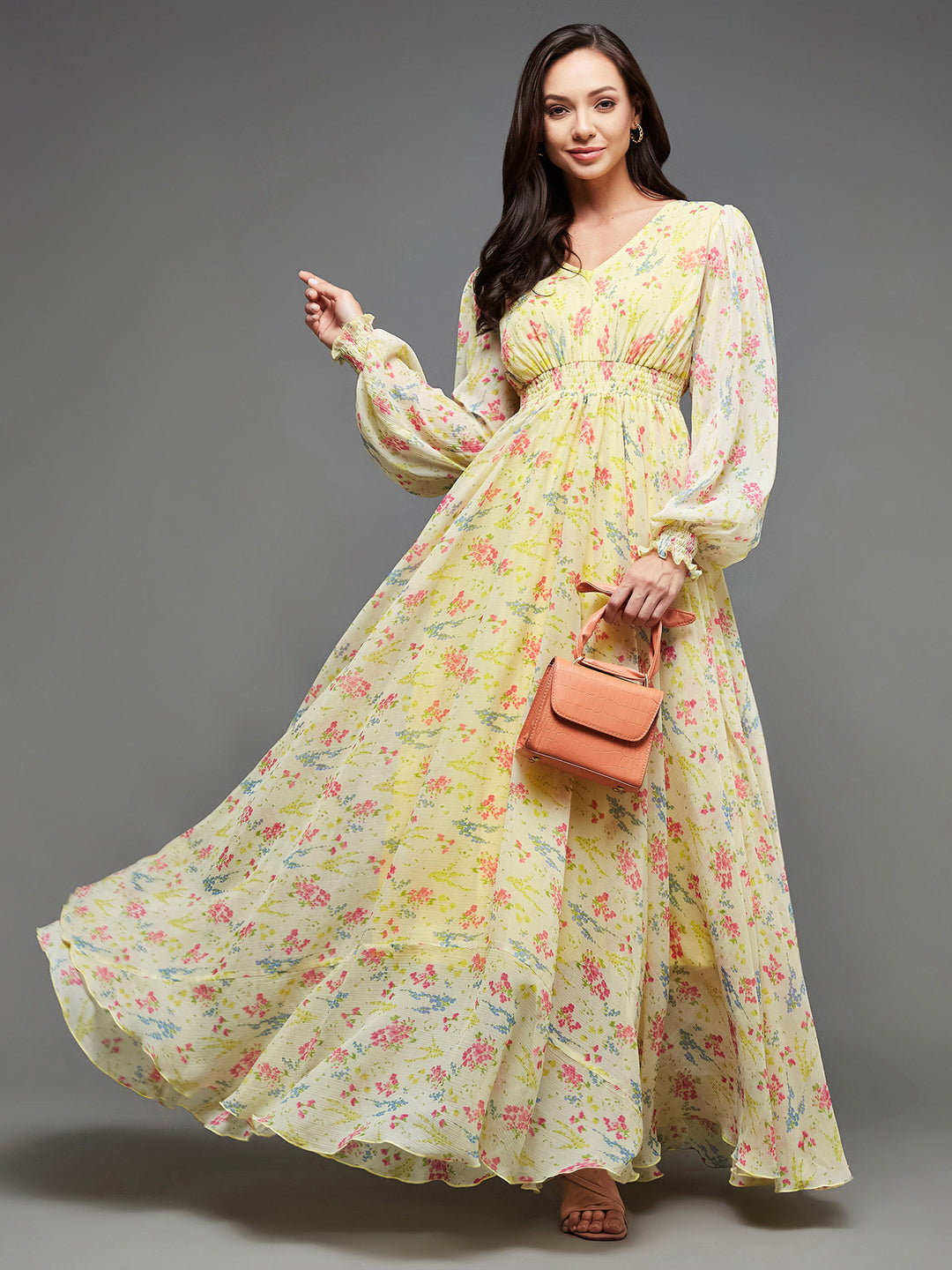 Women's Multicolored-Base-Lime Yellow V-Neck Bishop Sleeve Floral Gathered Chiffon Maxi Dress