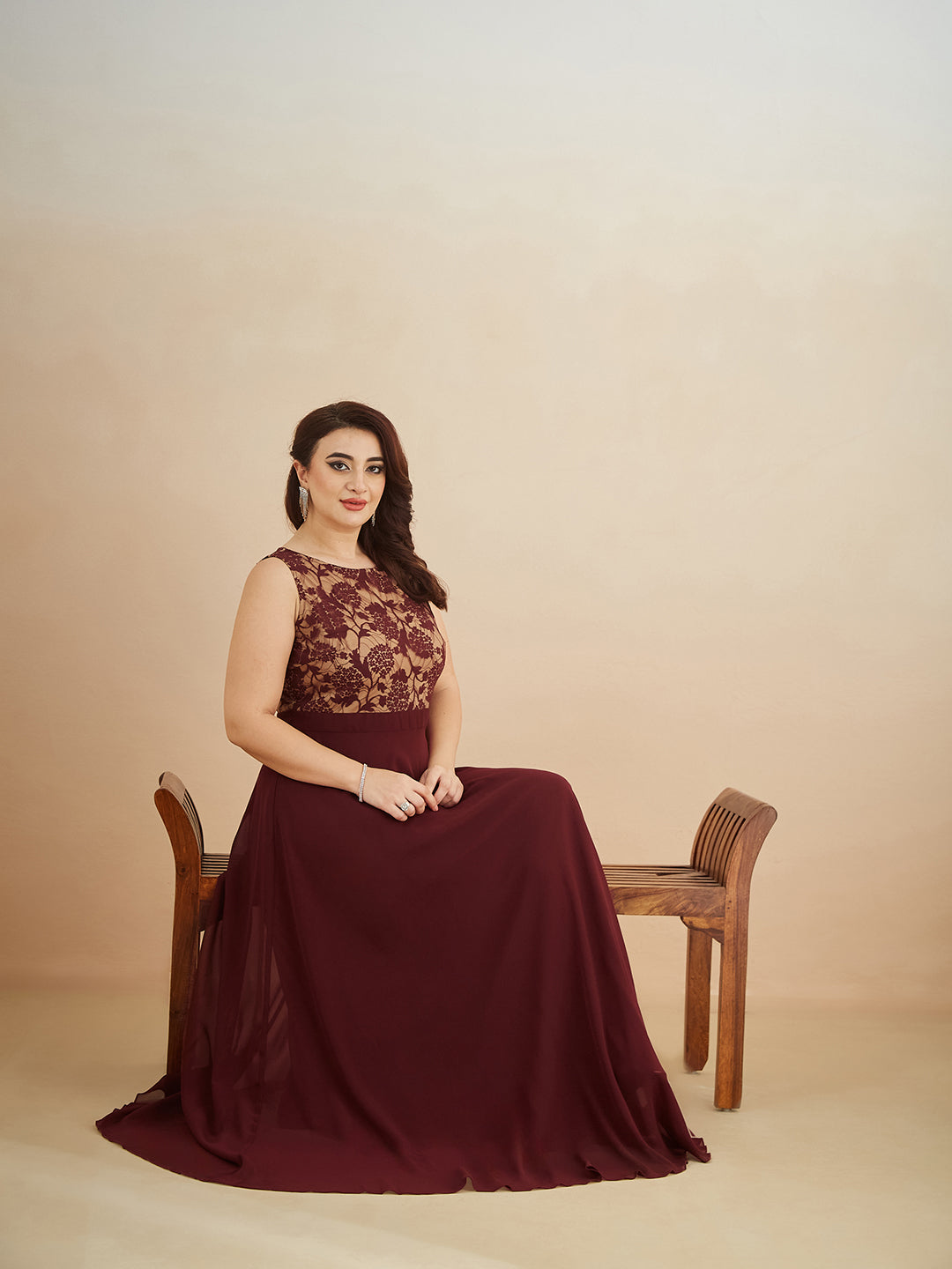 Beige & Wine Round Neck Sleeveless Georgette Floral Lace Fit & Flare Maxi Dress for Women