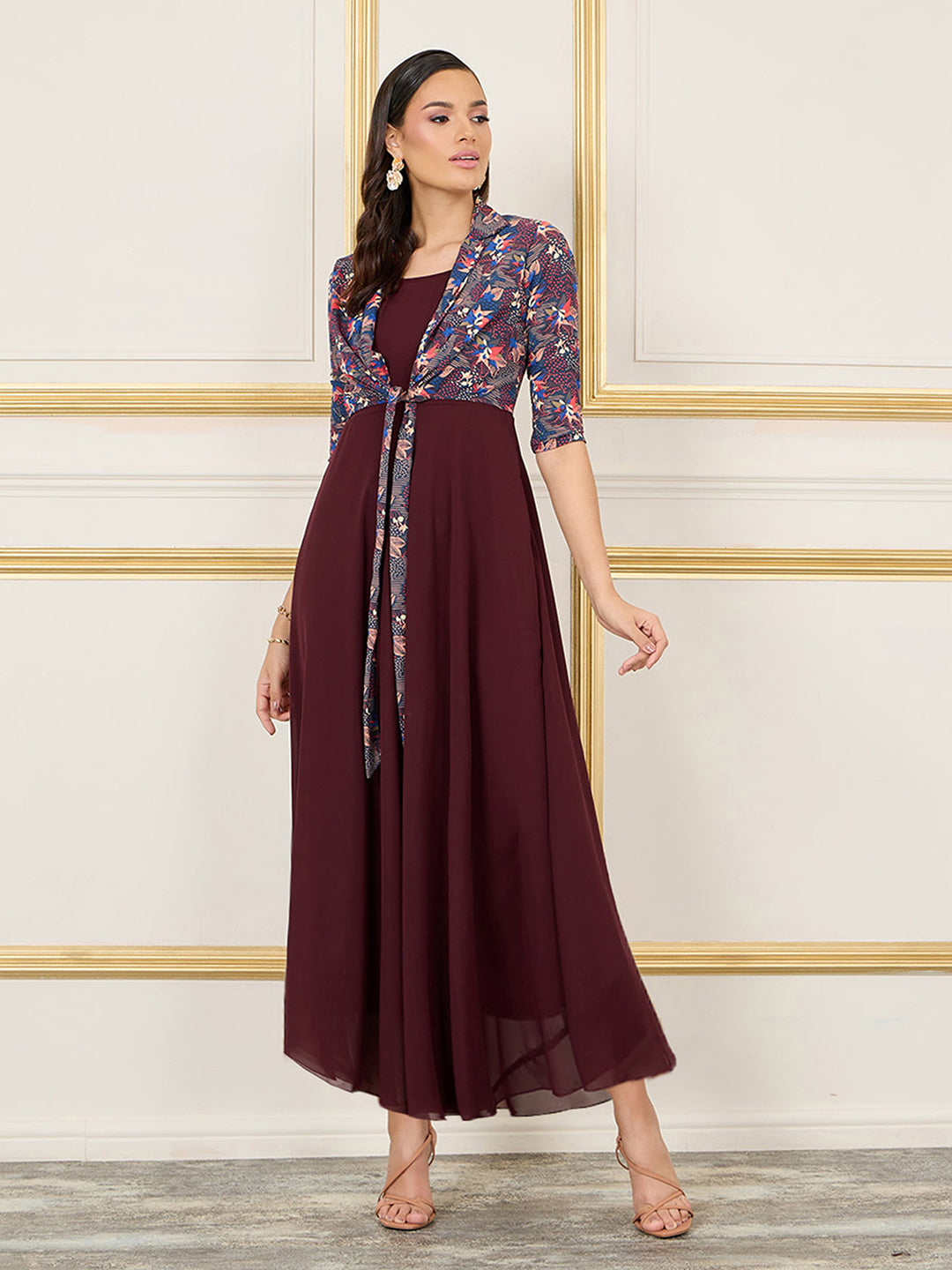 Women's Multicolored-Base-Wine Floral Notched Collar 3/4 Sleeve Georgette Jacket Style Maxi Dress