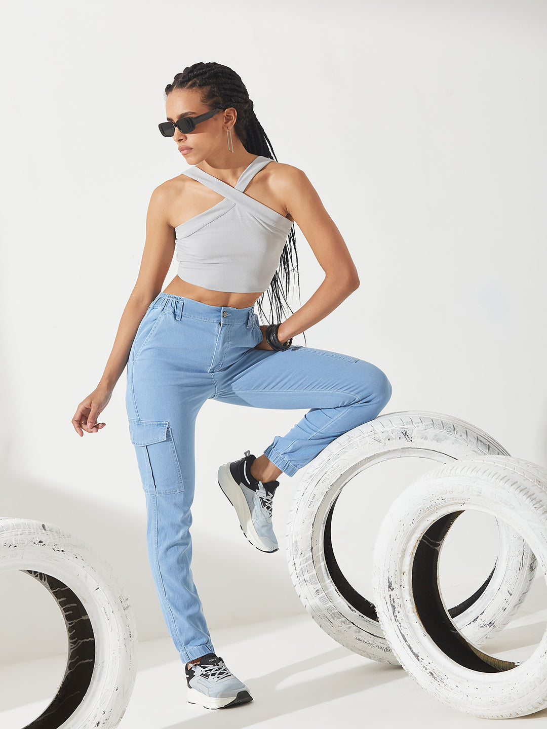 Women's Light Blue High-Rise Stretchable Denim Joggers