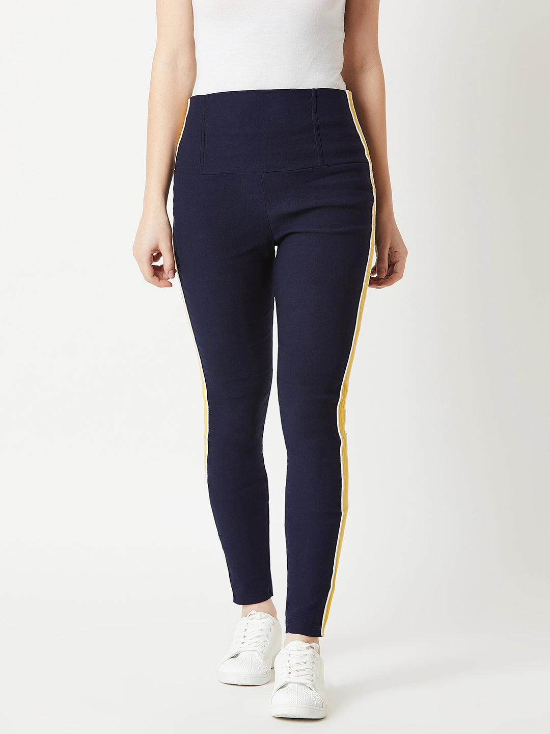 Women's Navy Blue Solid Regular Length High Waist Knitted Slim Fit Twill Tape Detailing Jeggings