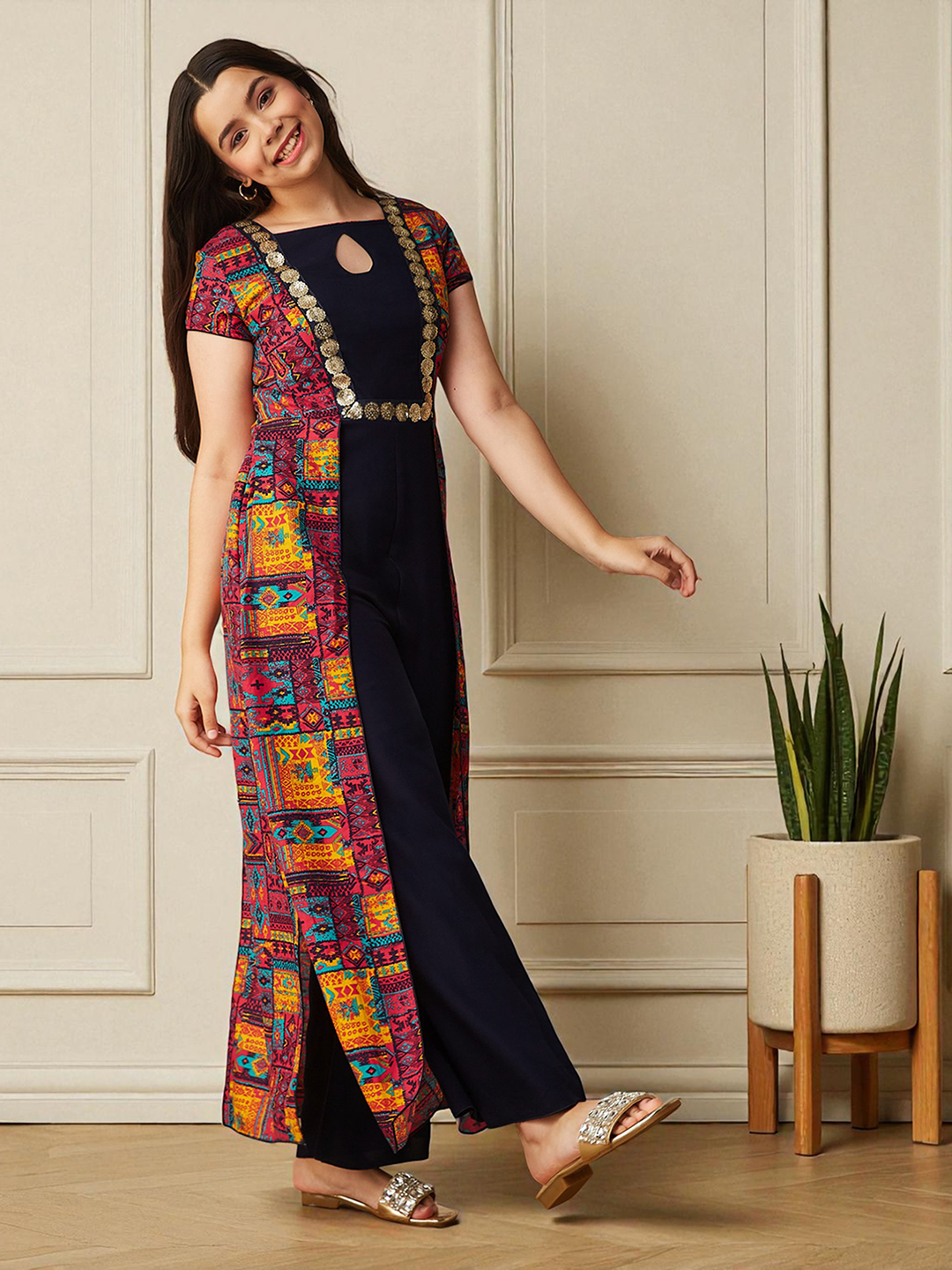 Multicolored-Base-Navy-Blue Keyhole-Neck Regular Sleeve Bohemian Paneled Viscose-Rayon Regular-Length Jumpsuit for Girls/Teenagers