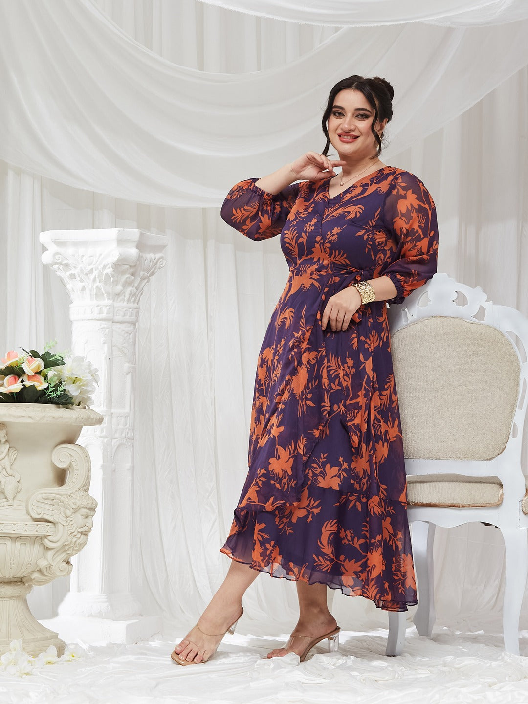 Purple V-Neck Three-Quarter Sleeve Floral Wrap Chiffon Midi Dress for Women