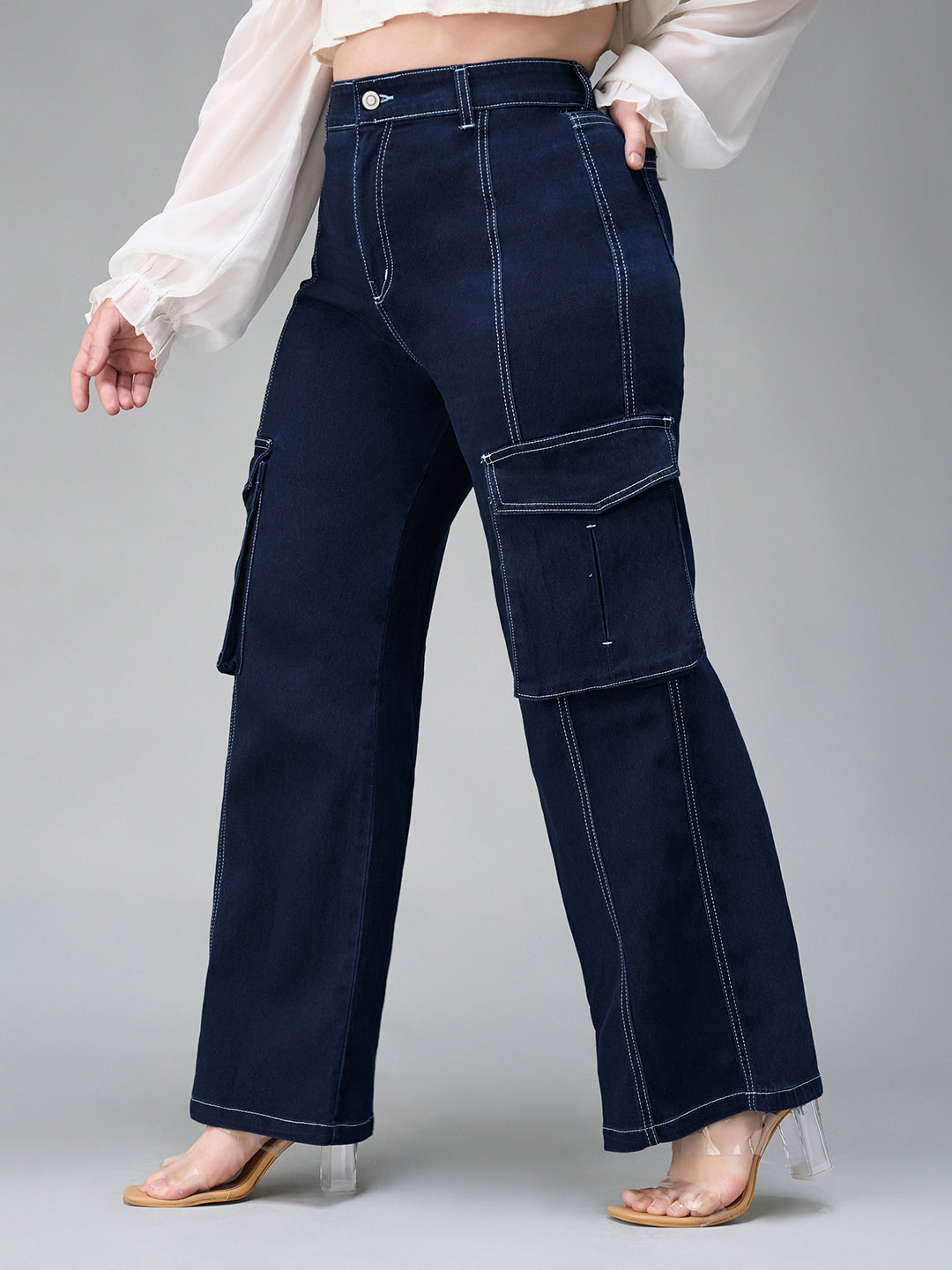 Women's Navy Blue Cargo Wide leg High rise Stretchable Baggy Denim Jeans