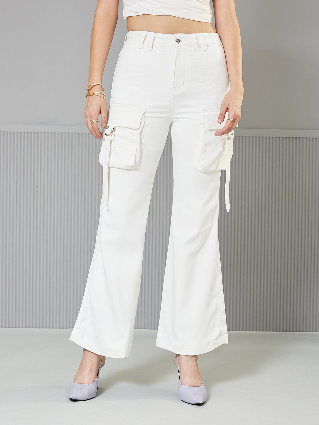 Women's White Bootcut High-Rise clean-look Regular Stretchable Denim Jeans