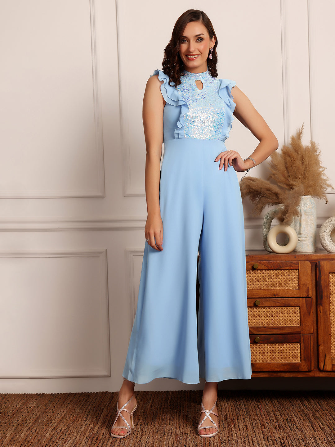 Women's Sky Blue Key-Hole Neck Sleeveless Embellished Ruffle Georgette Jumpsuit