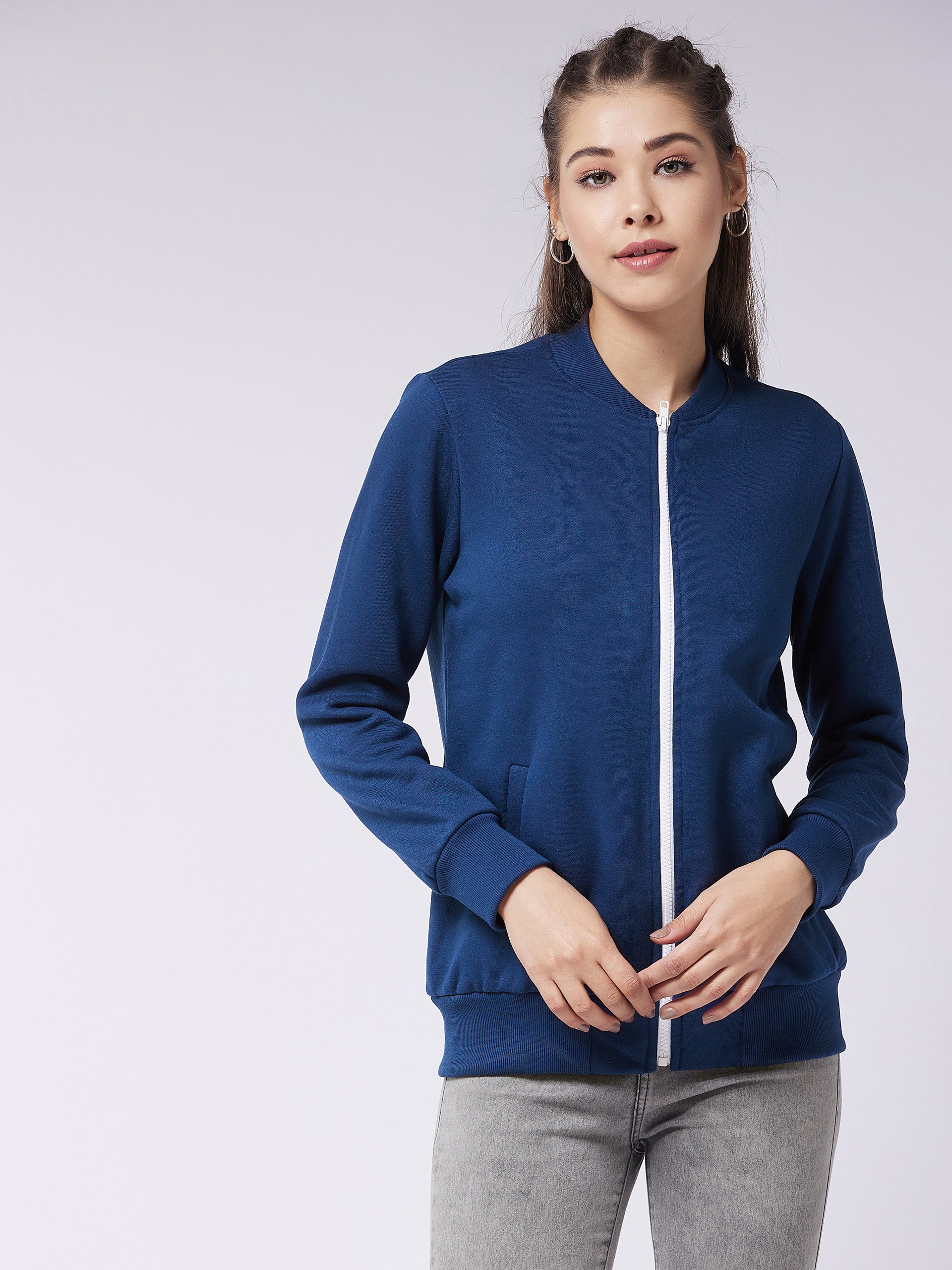 Women's Navy-Blue Round Neck Full Sleeve Solid Bomber Regular Jacket