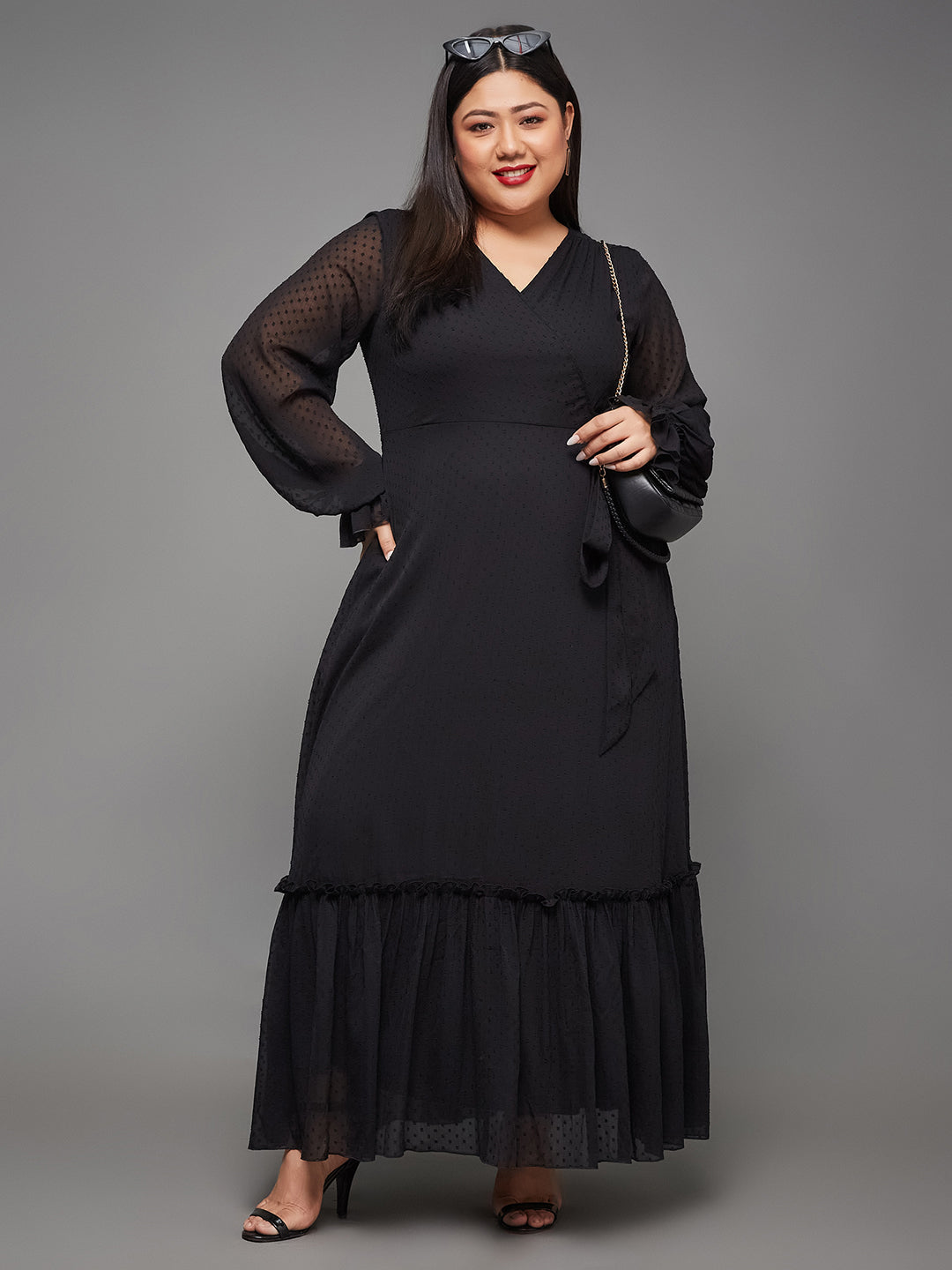 Women's Black Self Design V-Neck Bishop Sleeves Chiffon Wrap Maxi Dress