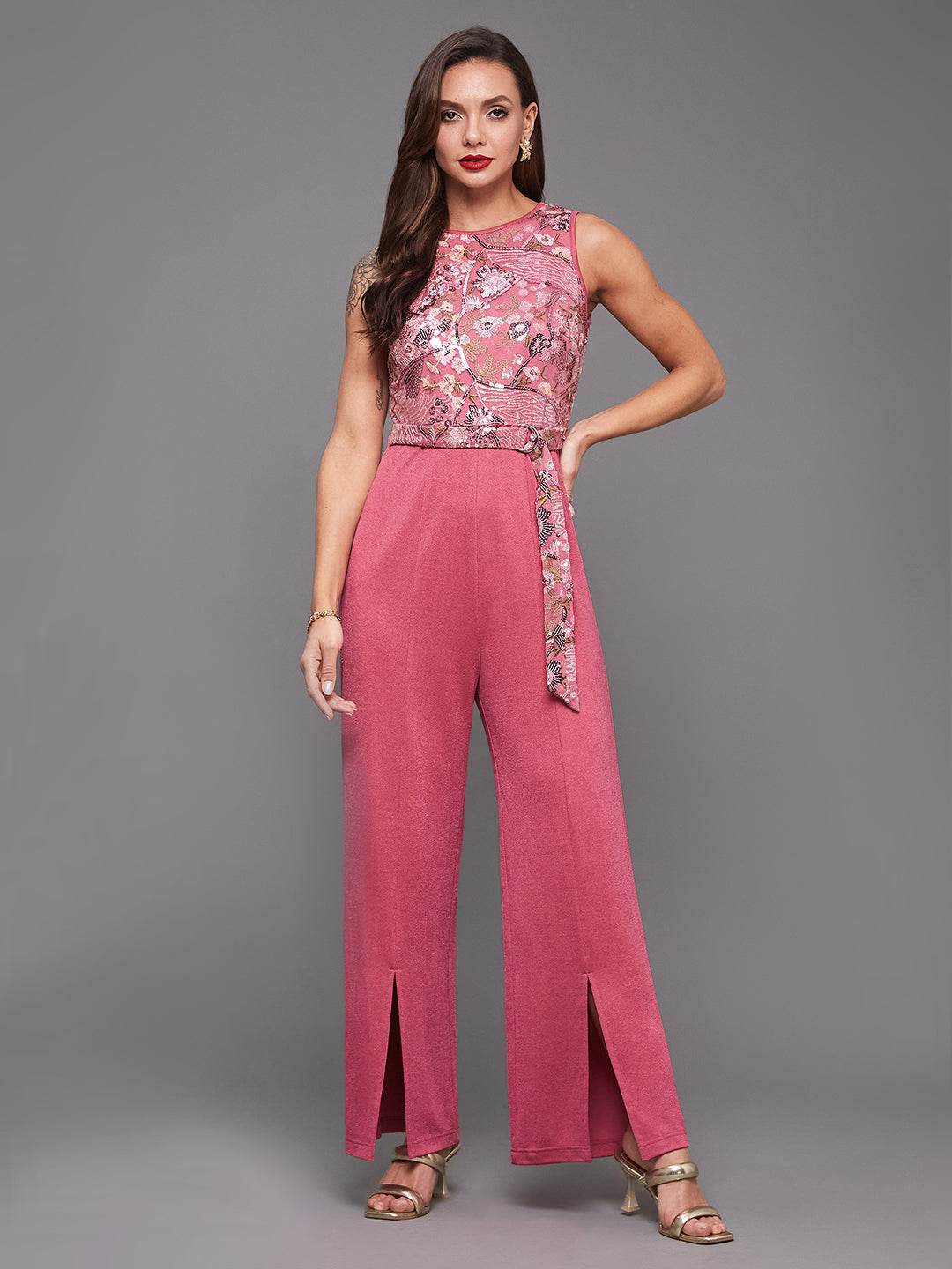 Women's Pink Round Neck Sleeveless Embroidered Straight Leg Jumpsuit