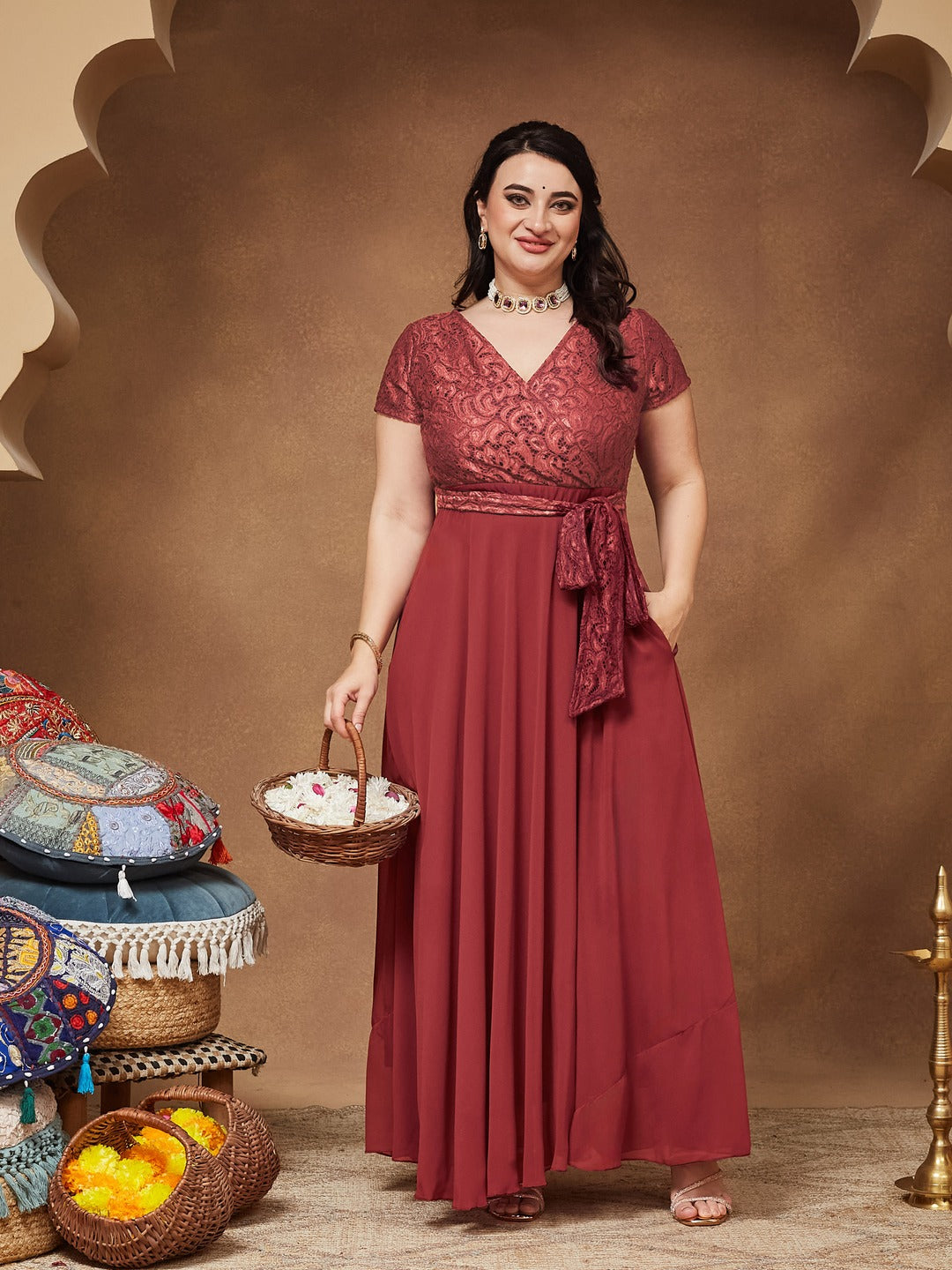Brick Red V-Neck Short Sleeve Self-Designed Lace Overlaid Georgette Maxi Dress for Women