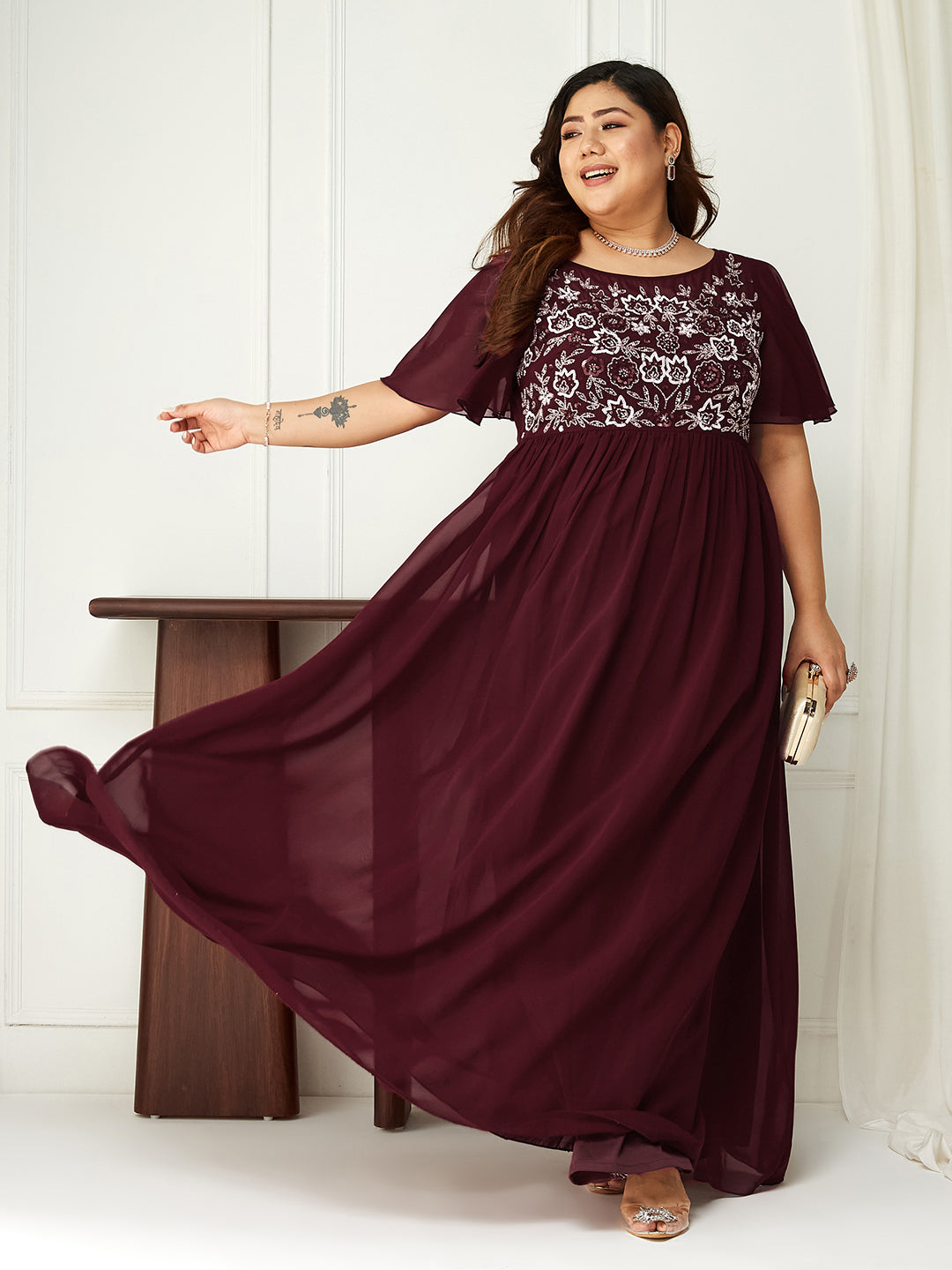 Women's Wine Boat Neck Half Sleeve Solid Embellished Georgette Maxi Dress