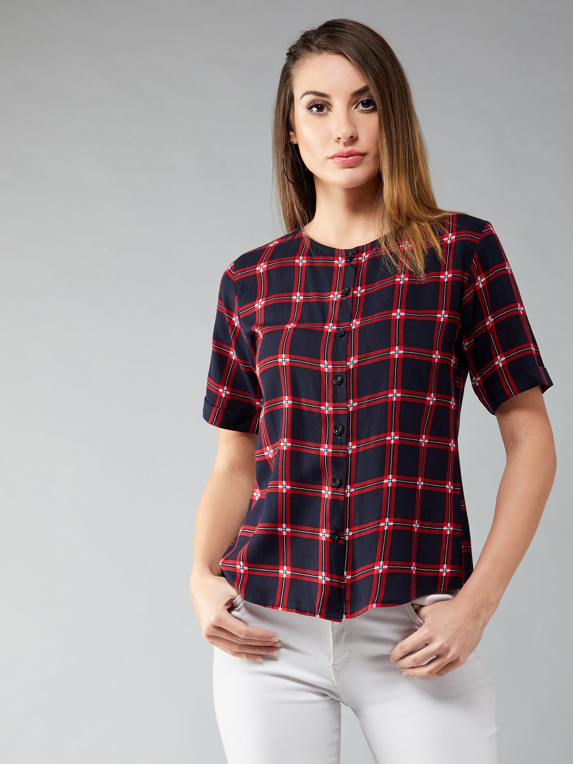 Women's Red & Navy Blue Round Neck Half Sleeve Checkered Boxy Regular Length Shirt