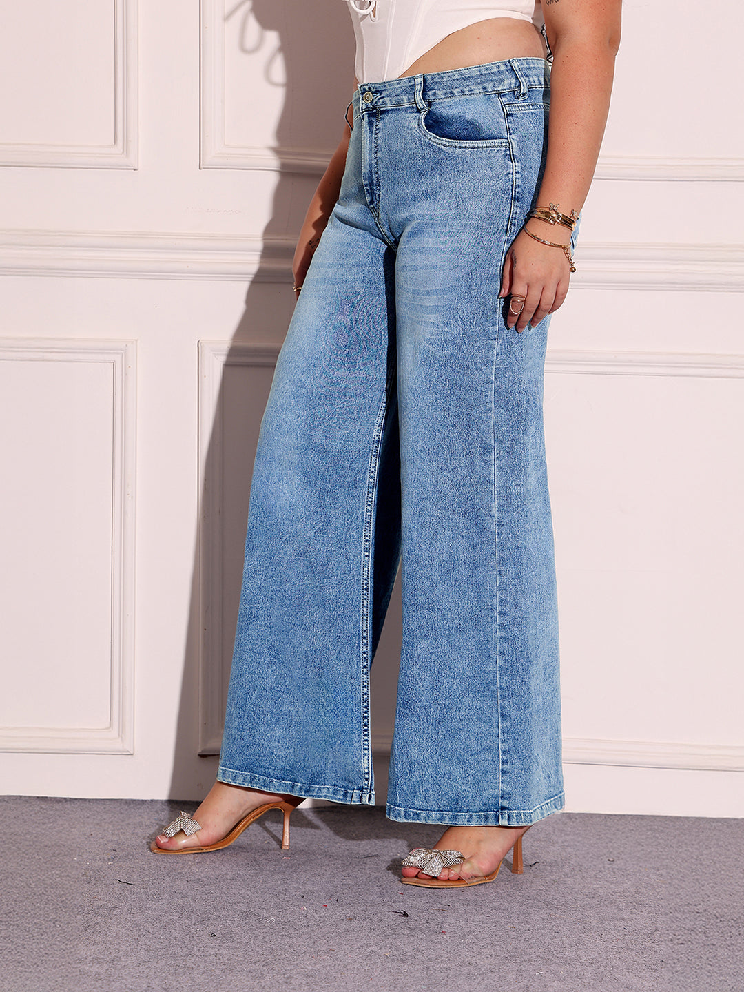 Women's Light Blue Wide-Leg High-Rise Stretchable Denim Jeans