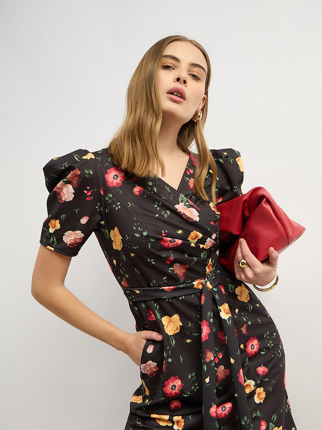 Women's Multicolored-Base-Black V-Neck Pleated Puff Sleeve Floral Patterned Wrap Midi Polyester Dress
