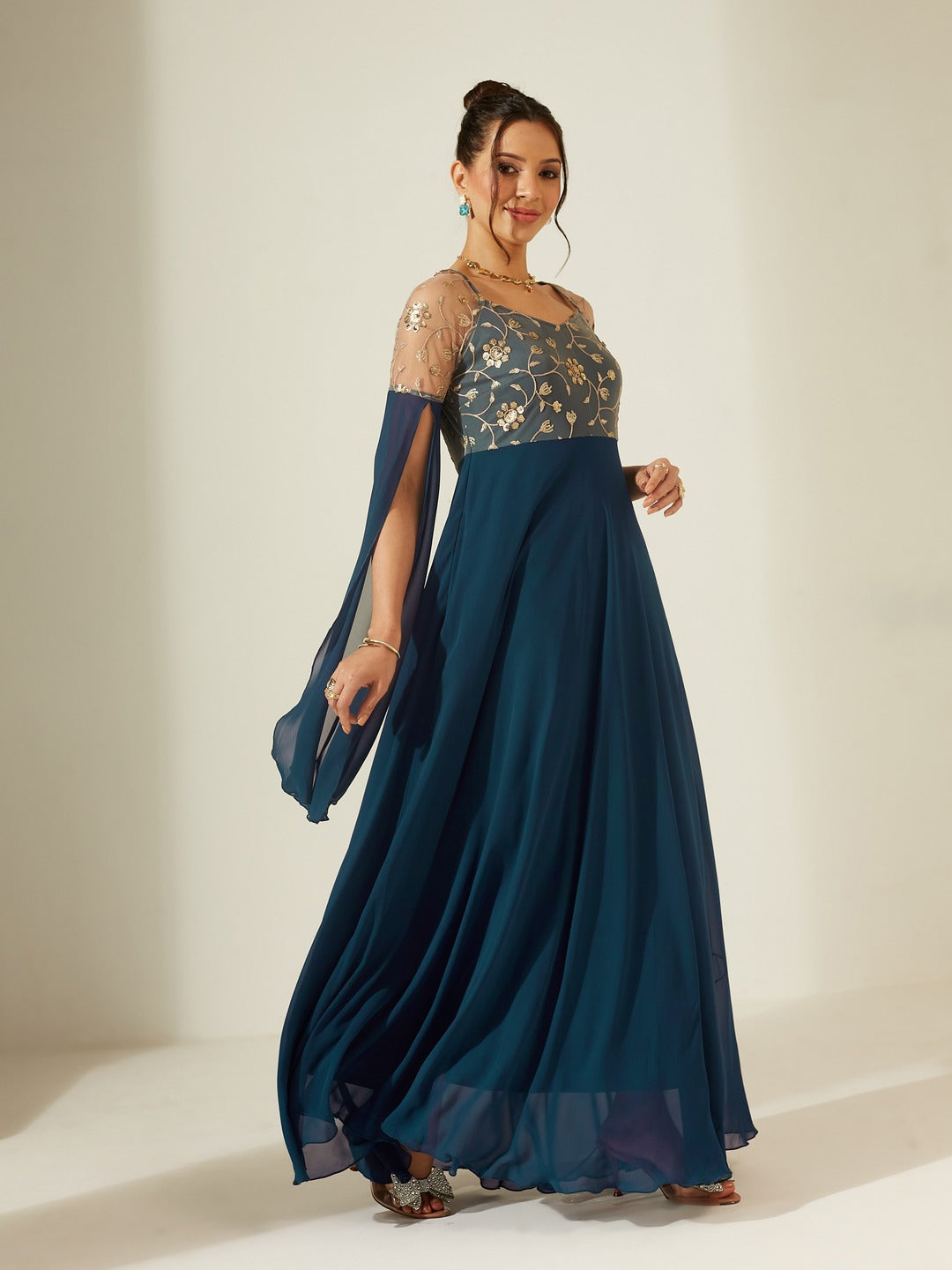 Teal V-Neck Full Sleeve Embroidered Fit & Flare Georgette Maxi Dress for Women
