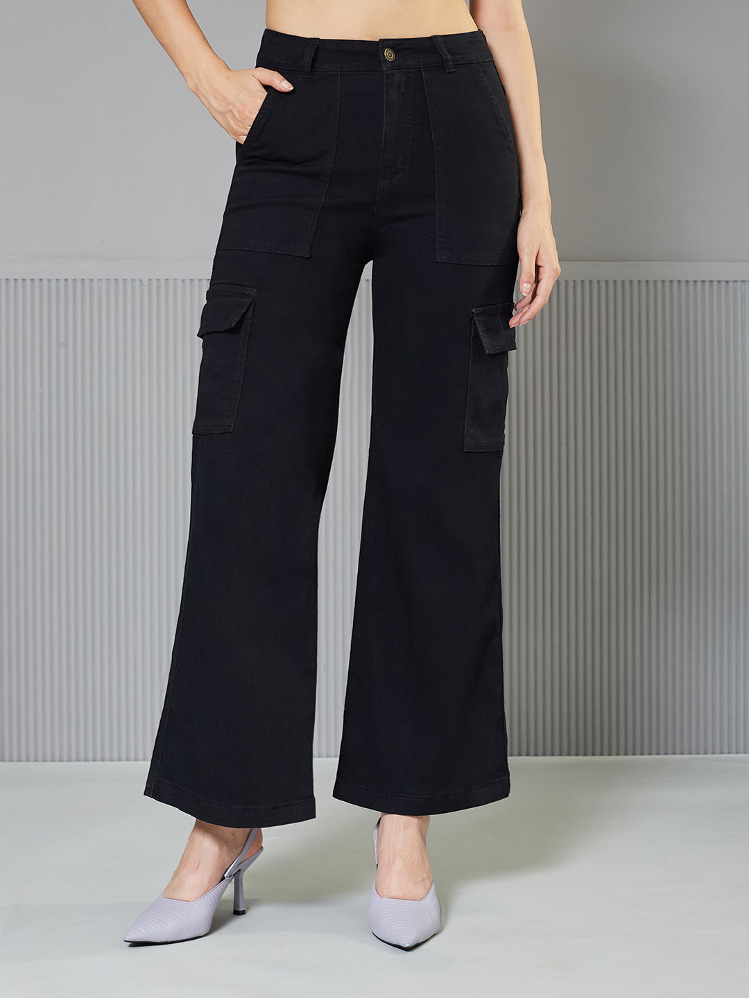 Black Wide-Leg High-Rise Regular Stretchable Denim Jeans for Women