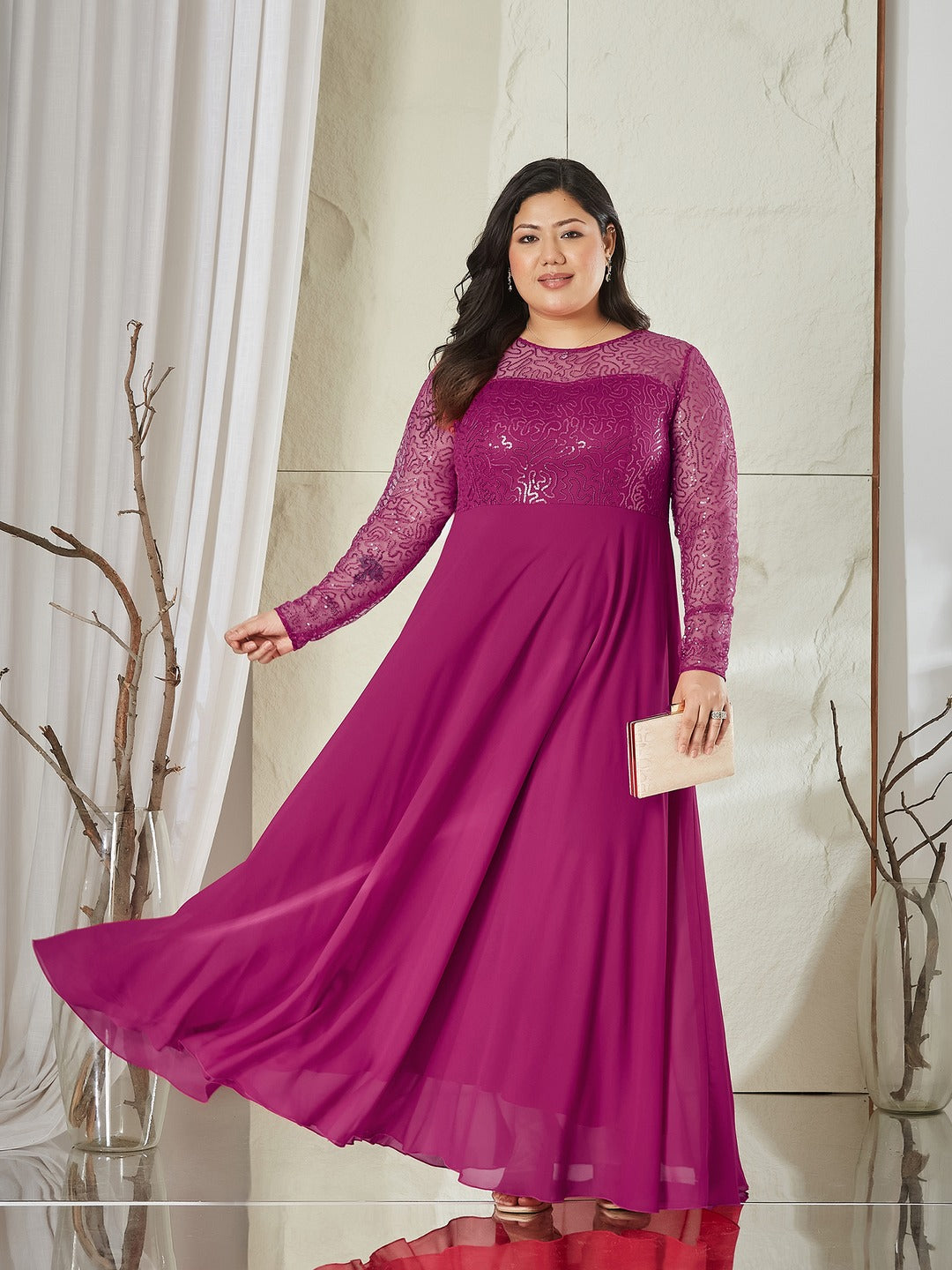 Ruby Pink Solid Embellished Maxi Dress for Women