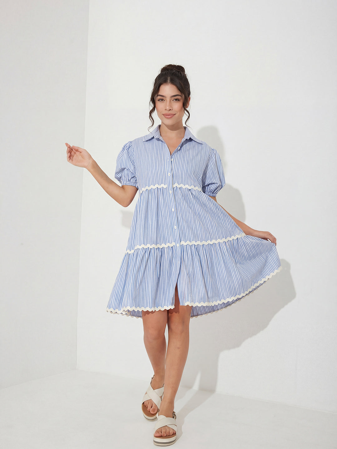 Blue and White Striped Cotton Shirt Dress with Puff Sleeves and Tiered Hem for Women