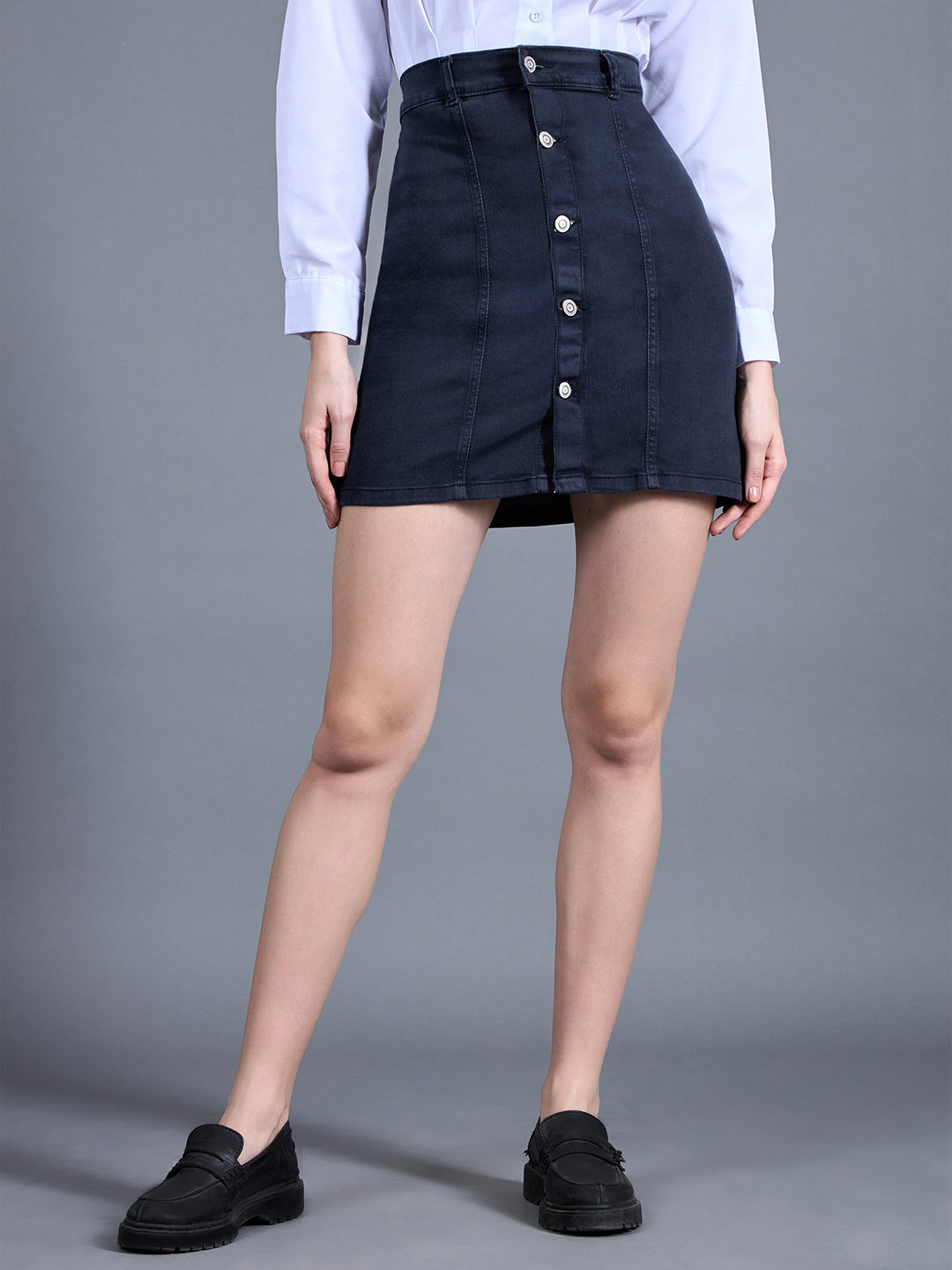 Women's Navy Blue Stretchable Solid A-line Mini Denim Skirt