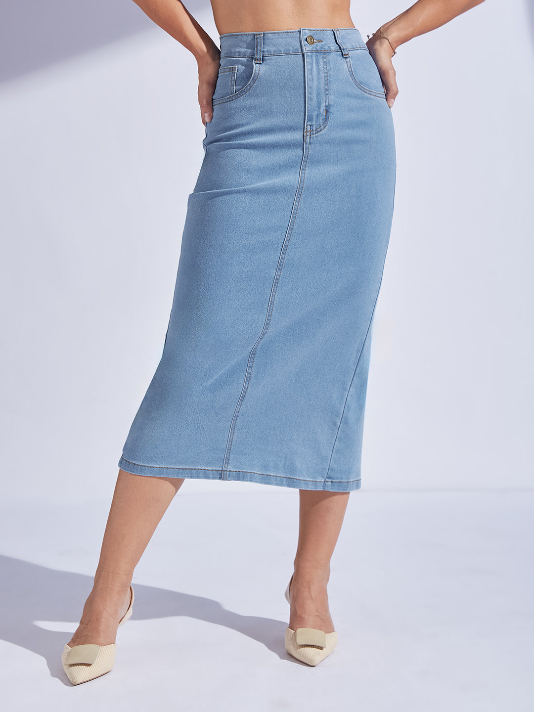 Women's Light Blue Straight High-Rise Midi Stretchable Denim Denim Skirt