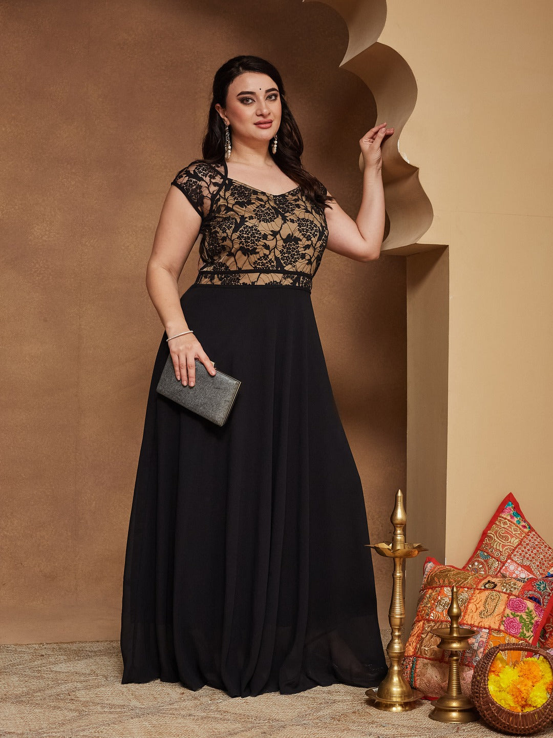 Black Floral V - Neck Cap Short Sleeves Lace Overlaid Fit & Flare Paneled Maxi Dress for Women
