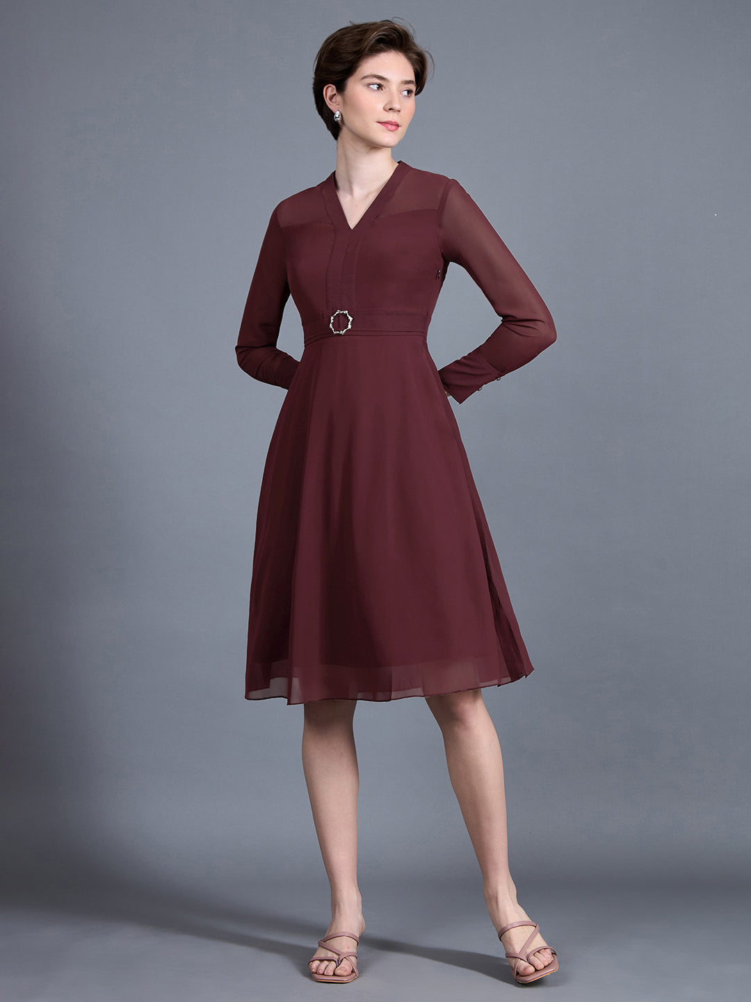 Women's Wine Red V-Neck Full Sleeve Solid Fit & Flare Midi Dress