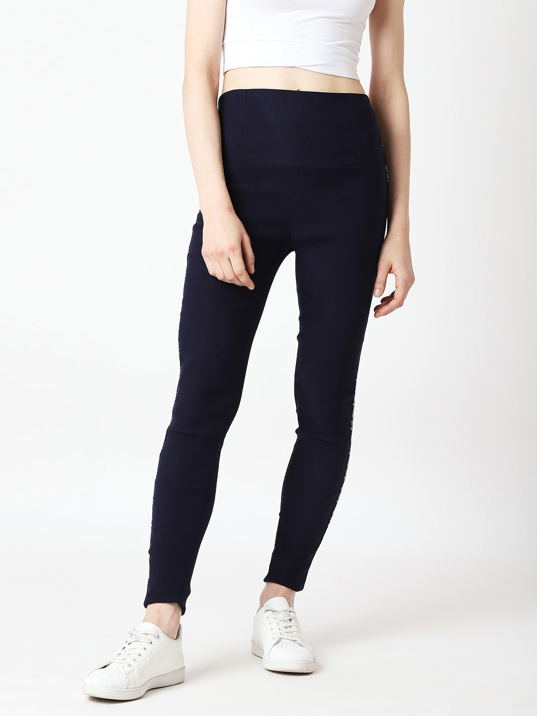 Women's Navy Blue Solid Skinny High Waist Multicolored Camo Twill Tape Detailing Regular Length Jeggings