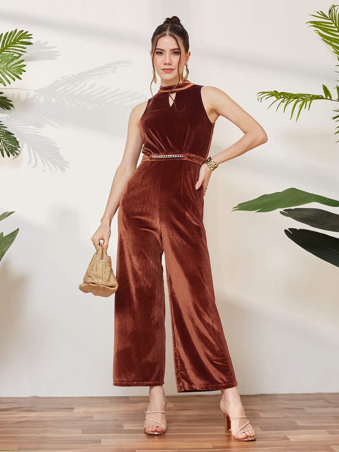 Rust Halter Neck Velvet Jumpsuit for Women