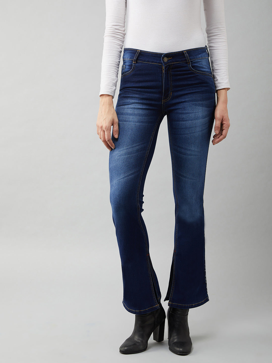 Women's Blue Cotton Bell Bottom Bootcut Fit & Flared Mid Rise Stretchable Timeless Denim Jeans