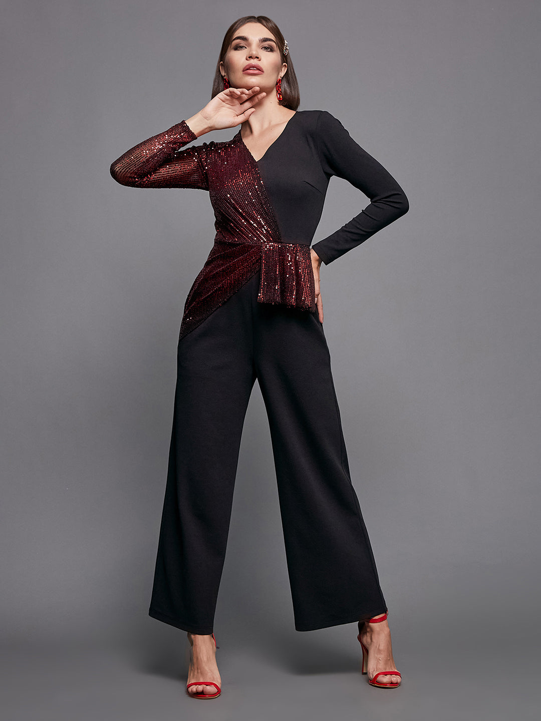 Crease Ease Women's Black & Red V-Neck Full Sleeve Sequined Asymmetric Party Jumpsuit